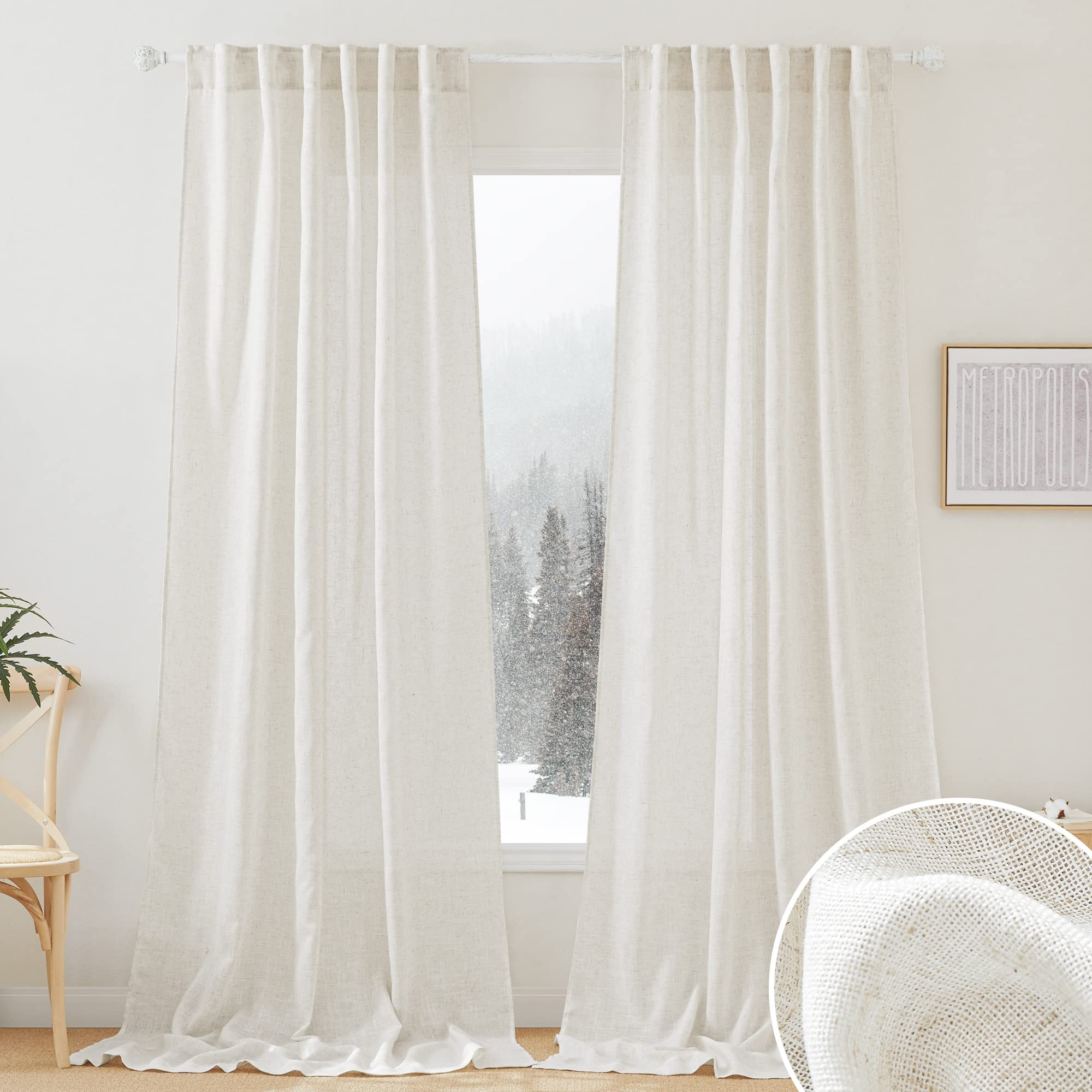 RYB HOME Linen Sheer Curtains and Drapes for Living Room 108 inches Length, Breathable Back Tab/Rod Pocket Semi Sheer Curtains, Oatmeal, W 52 x L 108 inches, 2 Panels Set