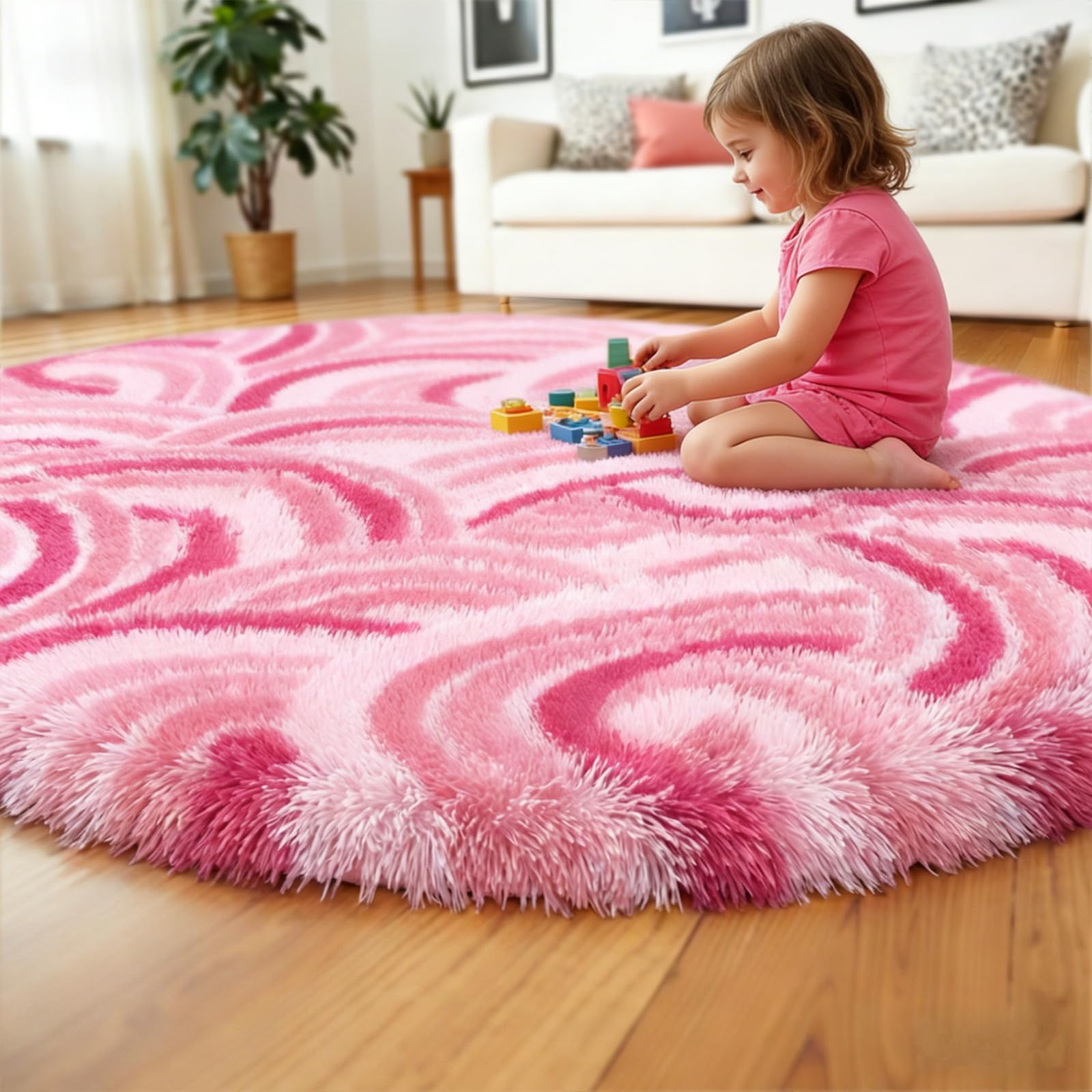 Fluffy Circle Rug for Bedroom Girls,4ft Round Area Rug for Girls Room Decor Aesthetic,Soft Plush Shaggy Fuzzy Carpet for Kids Room, Nursery, Preppy Dorm,Playroom Home Decor
