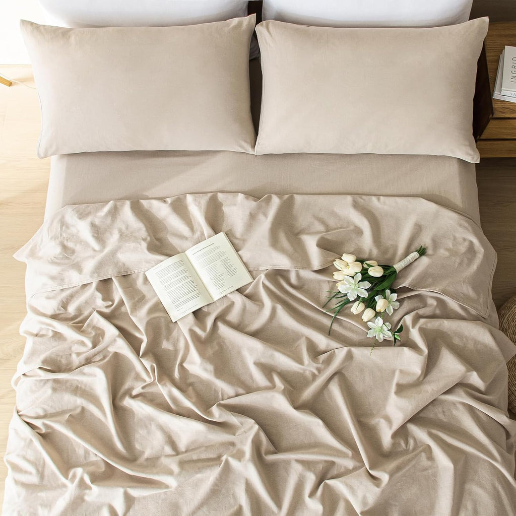 100% Linen Sheets Queen Size 4 Piece - Washed Natural Flax Bedding Set, Ultra Breathable Soft Durable Flat Sheet, Fitted Sheet Set with 16" Deep Pocket, All Season (Linen, King)