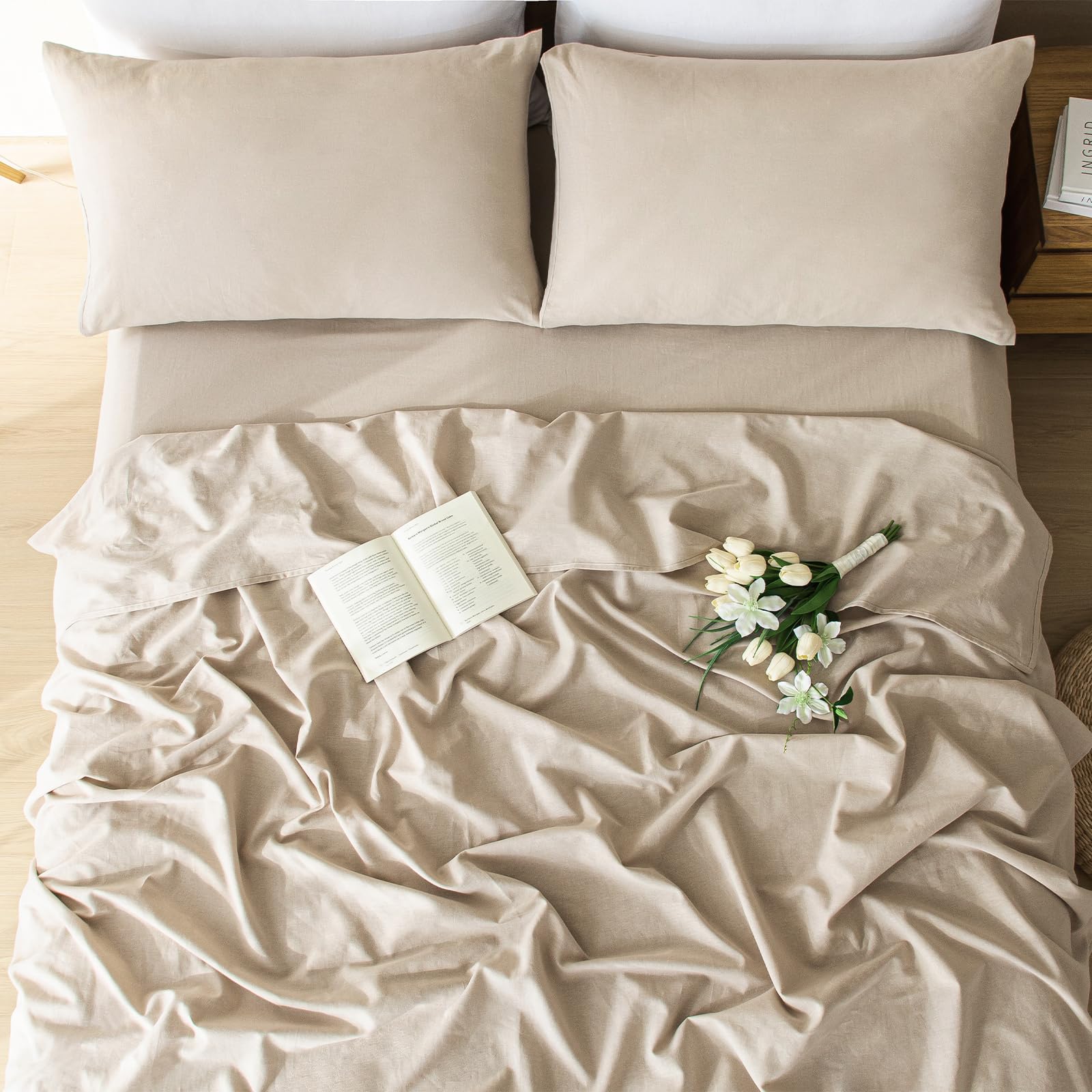 100% Linen Sheets Queen Size 4 Piece - Washed Natural Flax Bedding Set, Ultra Breathable Soft Durable Flat Sheet, Fitted Sheet Set with 16" Deep Pocket, All Season (Linen, King)