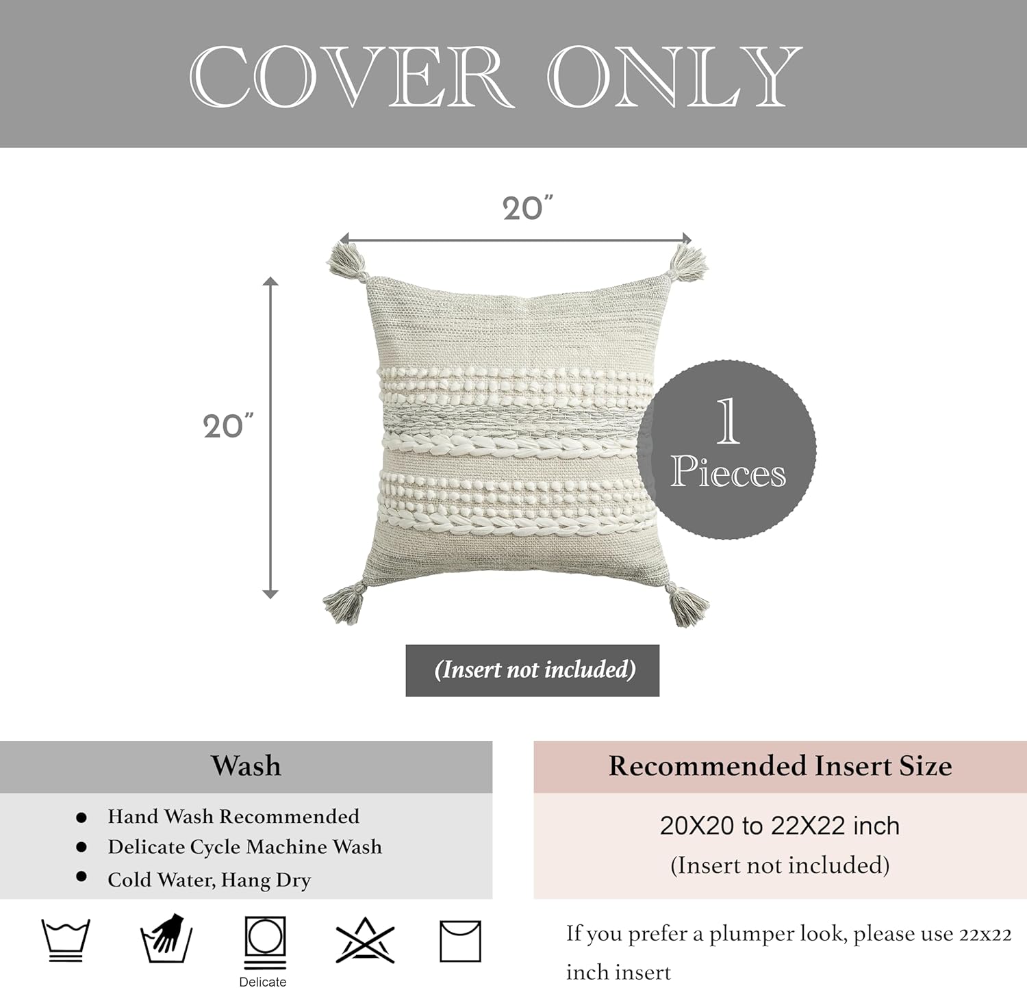 BlissBlush Gray Decorative Throw Pillow Cover 20X20, Boho Accent Pillow for Couch, Square Modern Farmhouse Pillowcase for Living Room Couch Sofa Cushion Home Décor (Pack of 1)