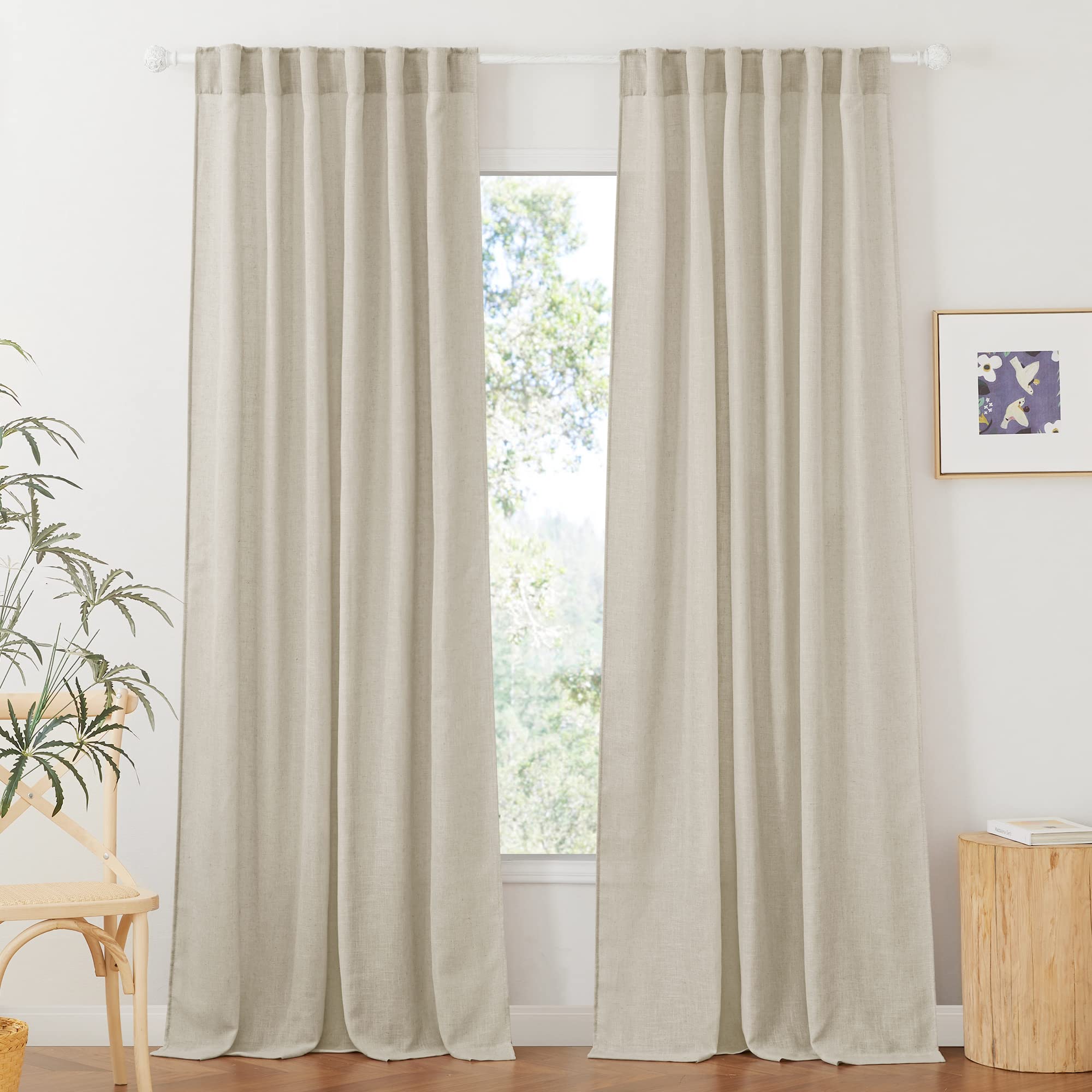 RYB HOME Linen Sheer Curtains and Drapes for Living Room 108 inches Length, Breathable Back Tab/Rod Pocket Semi Sheer Curtains, Oatmeal, W 52 x L 108 inches, 2 Panels Set