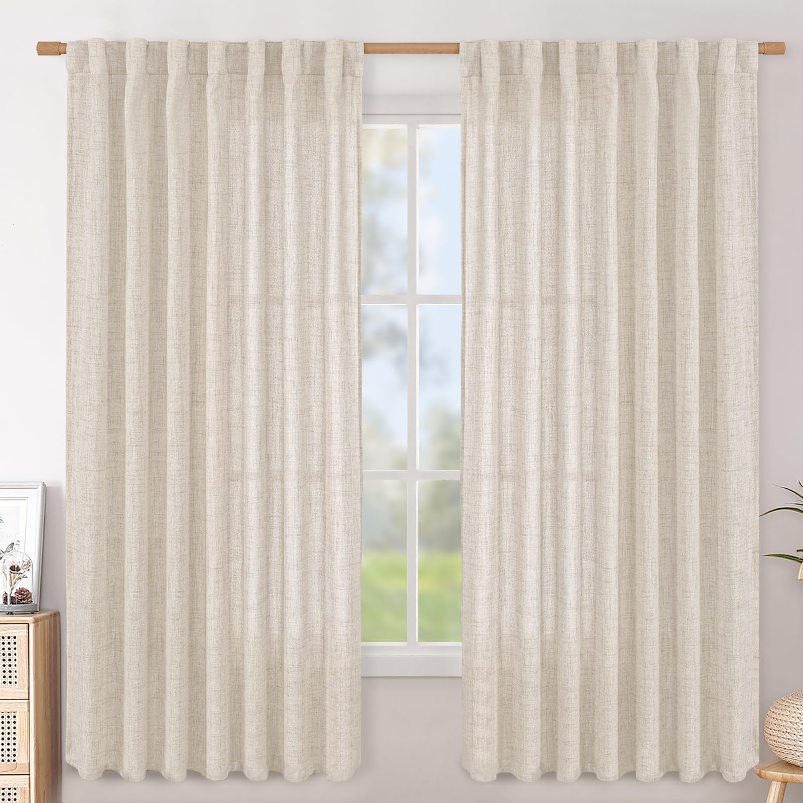 BGment Natural Linen Semi Sheer Curtains 96 Inch Length 2 Panels for Living Room, Beige Light Filtering Window Drapes with Rod Pocket Back Tab Extre Long for Dining Bedroom, 52 X 96 Inch