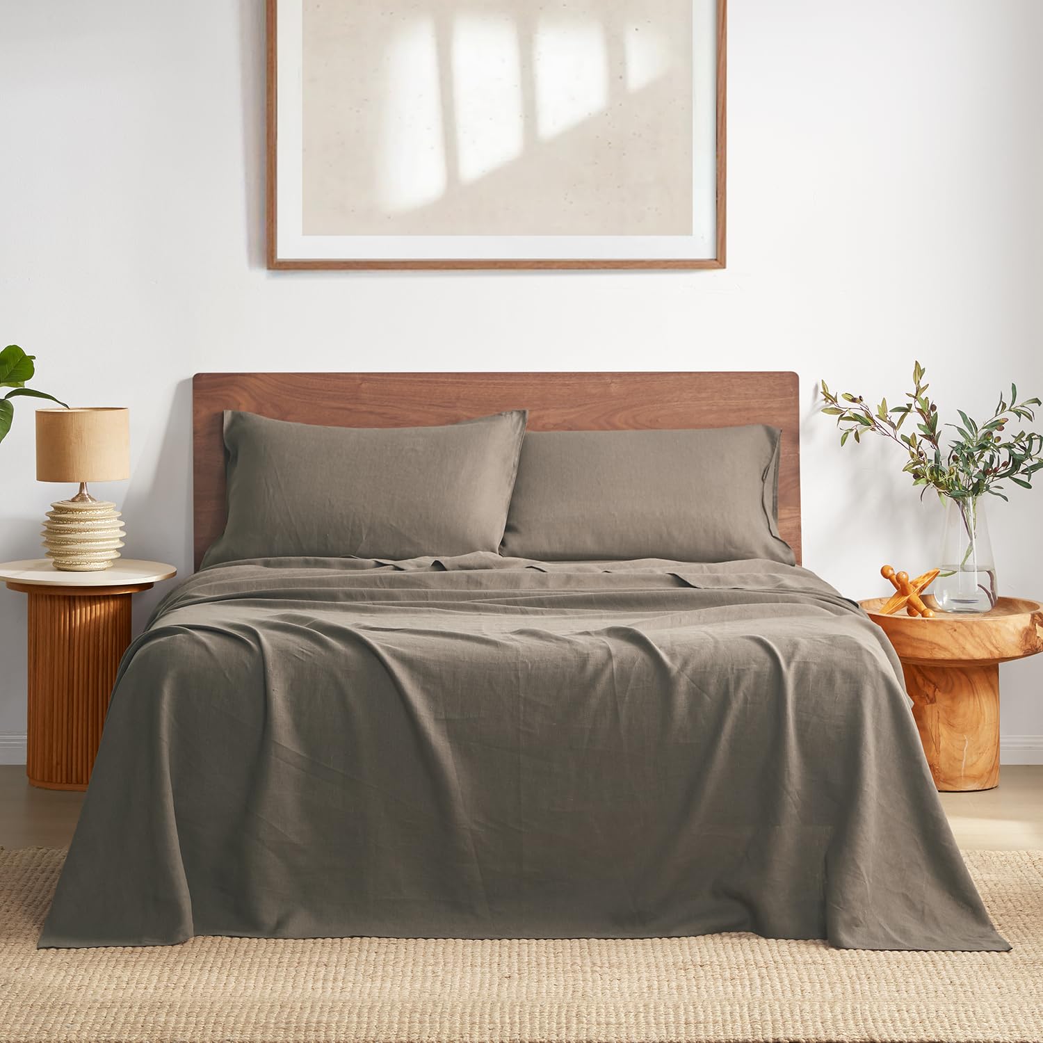 DAPU Pure Linen Sheets Set, 100% French Linen from Normandy, Breathable and Durable for Hot Sleepers, 4 Pcs Queen Size Sheets Set - 1 Flat Sheet, 1 Fitted Sheet, 2 Pillowcases (Natural Linen, Queen)