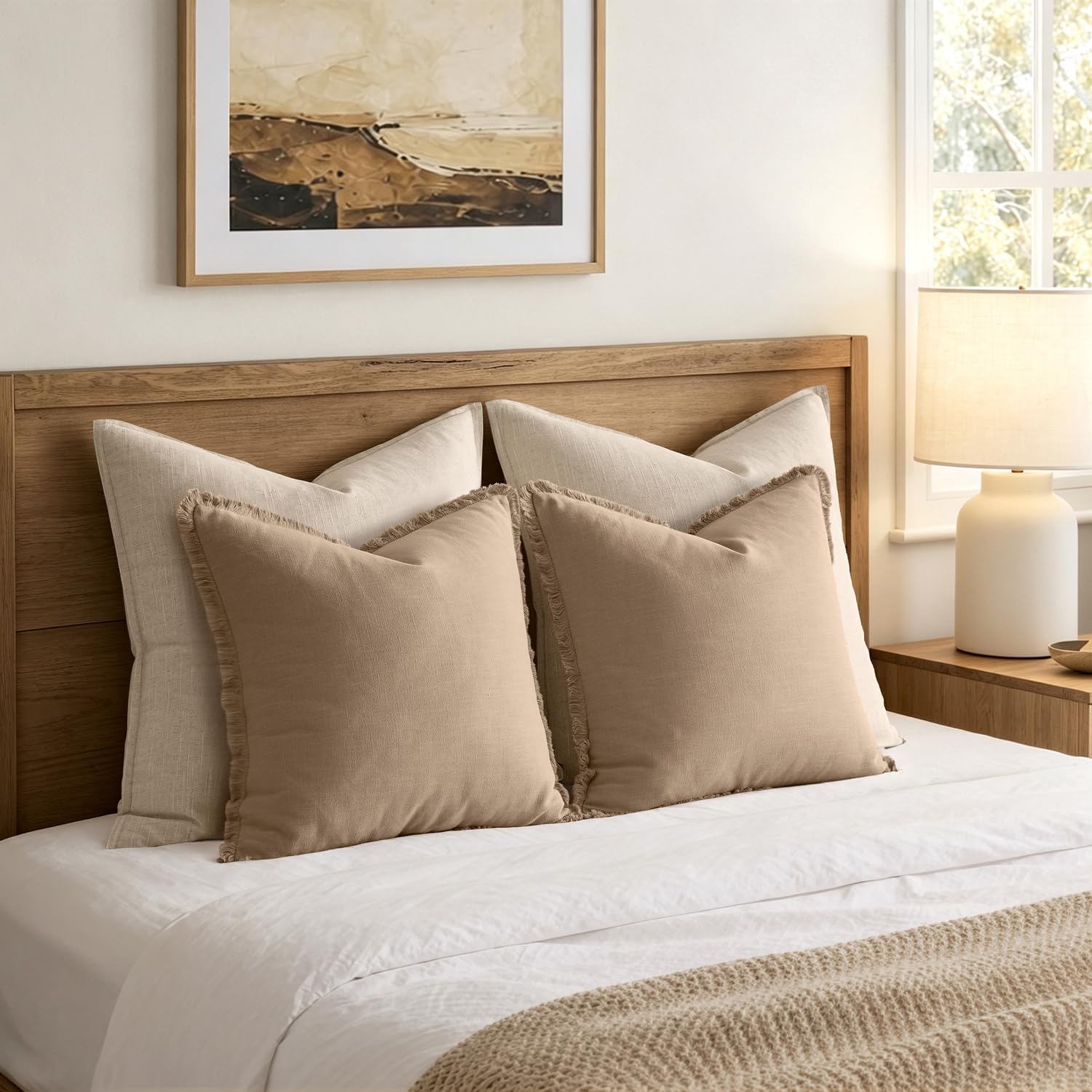ANRODUO Set of 2 Decorative Throw Pillow Covers 26×26 Inch Soft Linen Fringe Farmhouse Boho Vintage Cushion Covers with Tassels Accent Pillowcase for Couch Sofa Bed Living Room Summer Decor Cream