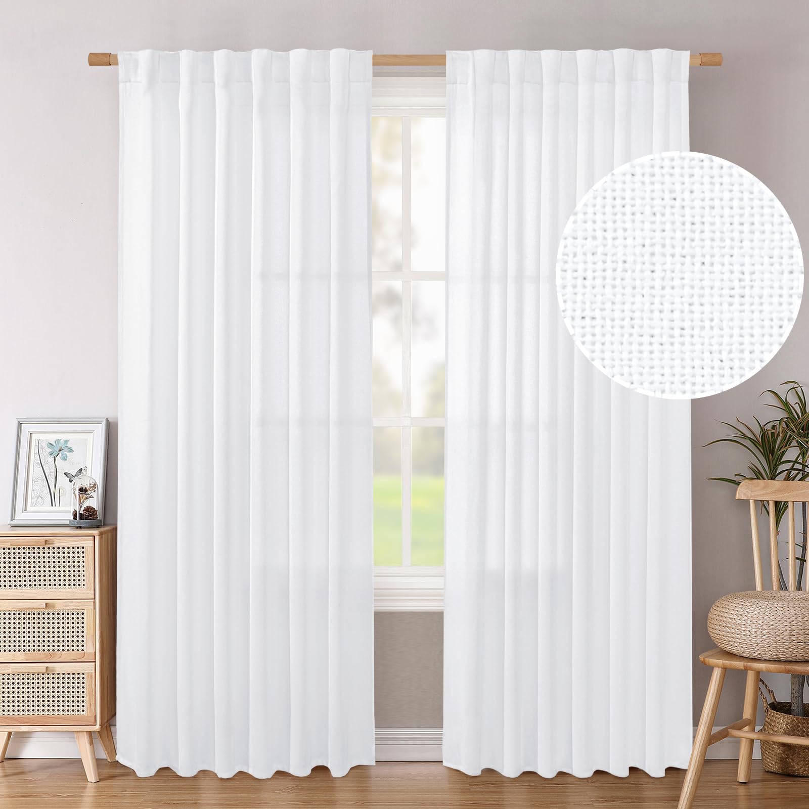 BGment Natural Linen Semi Sheer Curtains 96 Inch Length 2 Panels for Living Room, Beige Light Filtering Window Drapes with Rod Pocket Back Tab Extre Long for Dining Bedroom, 52 X 96 Inch