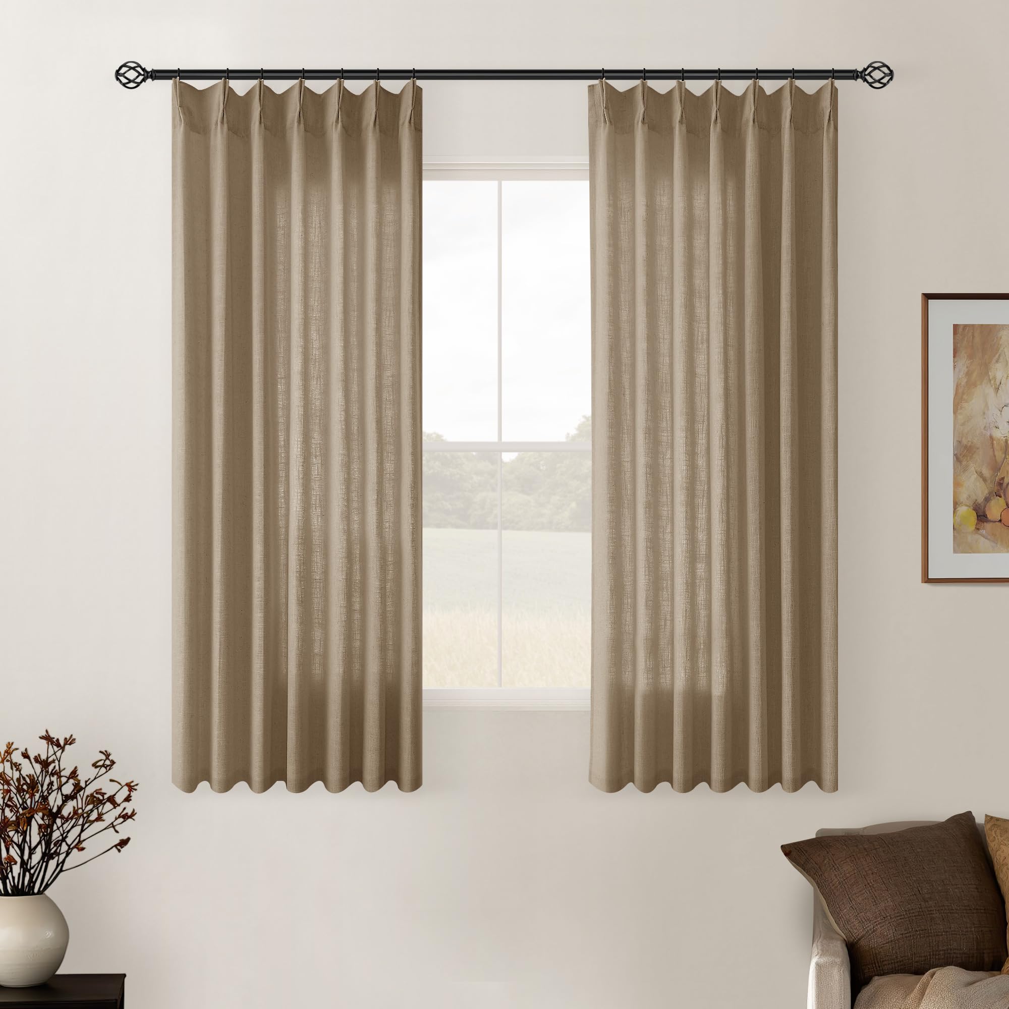 Dutch Cocoa Pinch Pleated Linen Curtains 84 Inches Long 60 Inch Width Linen Blend Light Filtering Window Curtains 84 Inch for Living Room Bedroom Patio Pinch Pleat Drapes Hooks Rings 1 Panel 60Wx84L