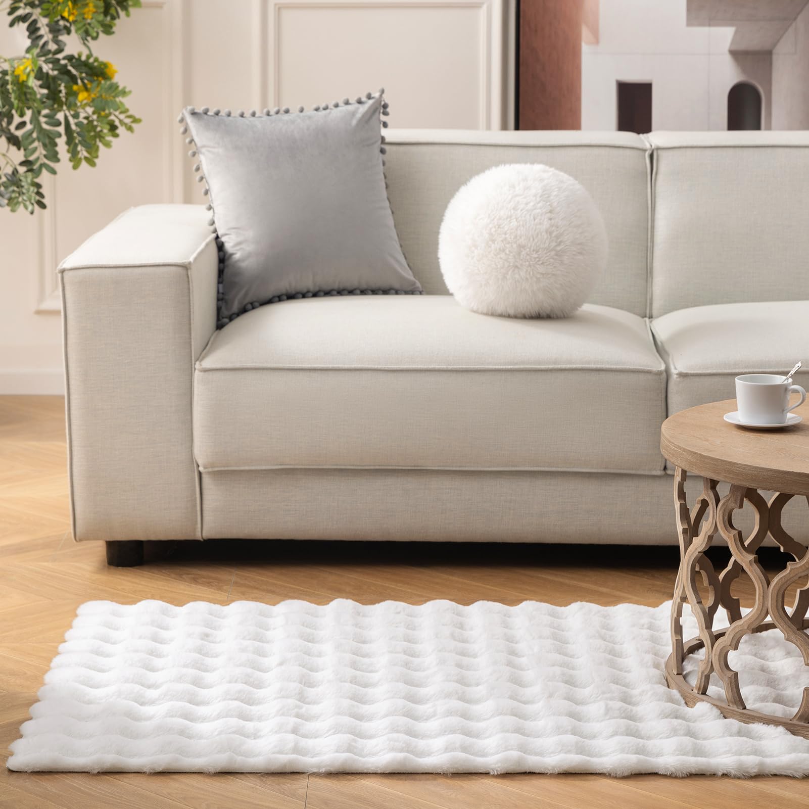 Ashler Faux Rabbit Fur Rug, Light Grey 3x5 FT Fluffy Soft Area Rugs, Rectangle Fuzzy Carpet for Living Room, Bedroom, Machine Washable Rug - 3D Bubble Mat
