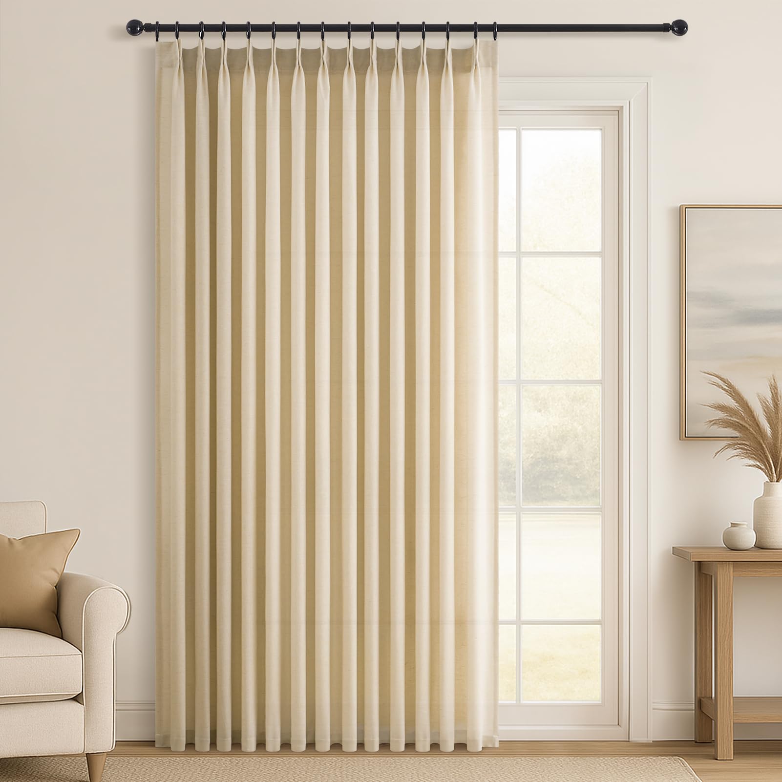 Topfinel 102 Inch Curtains 1 Panels Set,One Packs Pinch Pleat Back Tab Linen Window Semi Sheer Privacy Thick Decorative Curtain Drapes for Living Room Bedroom,60x102 in Long,Oatmeal