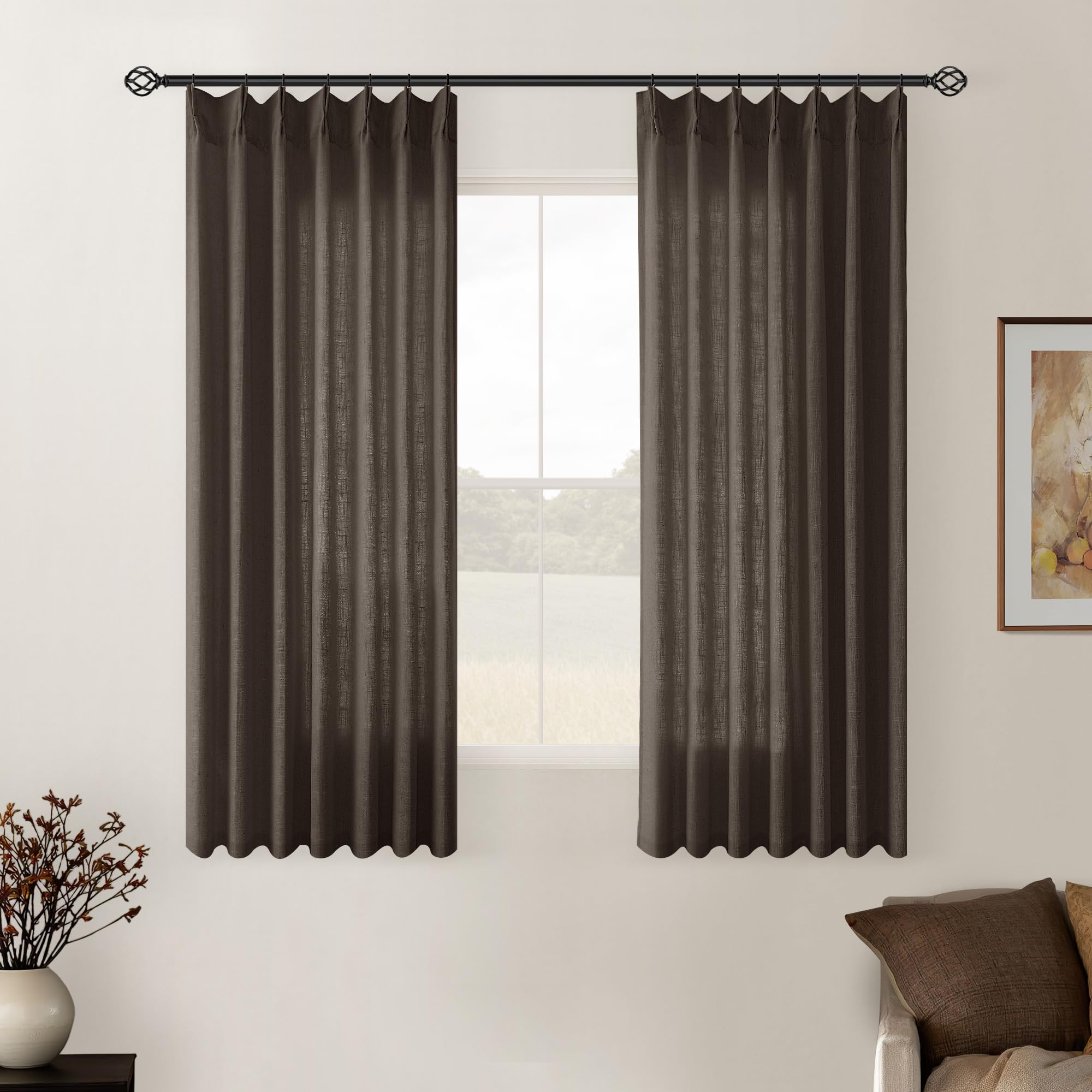 Dutch Cocoa Pinch Pleated Linen Curtains 84 Inches Long 60 Inch Width Linen Blend Light Filtering Window Curtains 84 Inch for Living Room Bedroom Patio Pinch Pleat Drapes Hooks Rings 1 Panel 60Wx84L