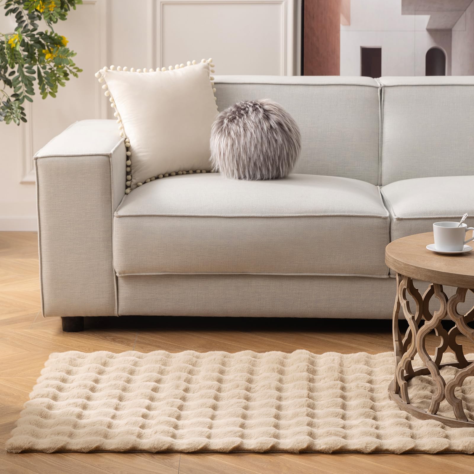 Ashler Faux Rabbit Fur Rug, Light Grey 3x5 FT Fluffy Soft Area Rugs, Rectangle Fuzzy Carpet for Living Room, Bedroom, Machine Washable Rug - 3D Bubble Mat