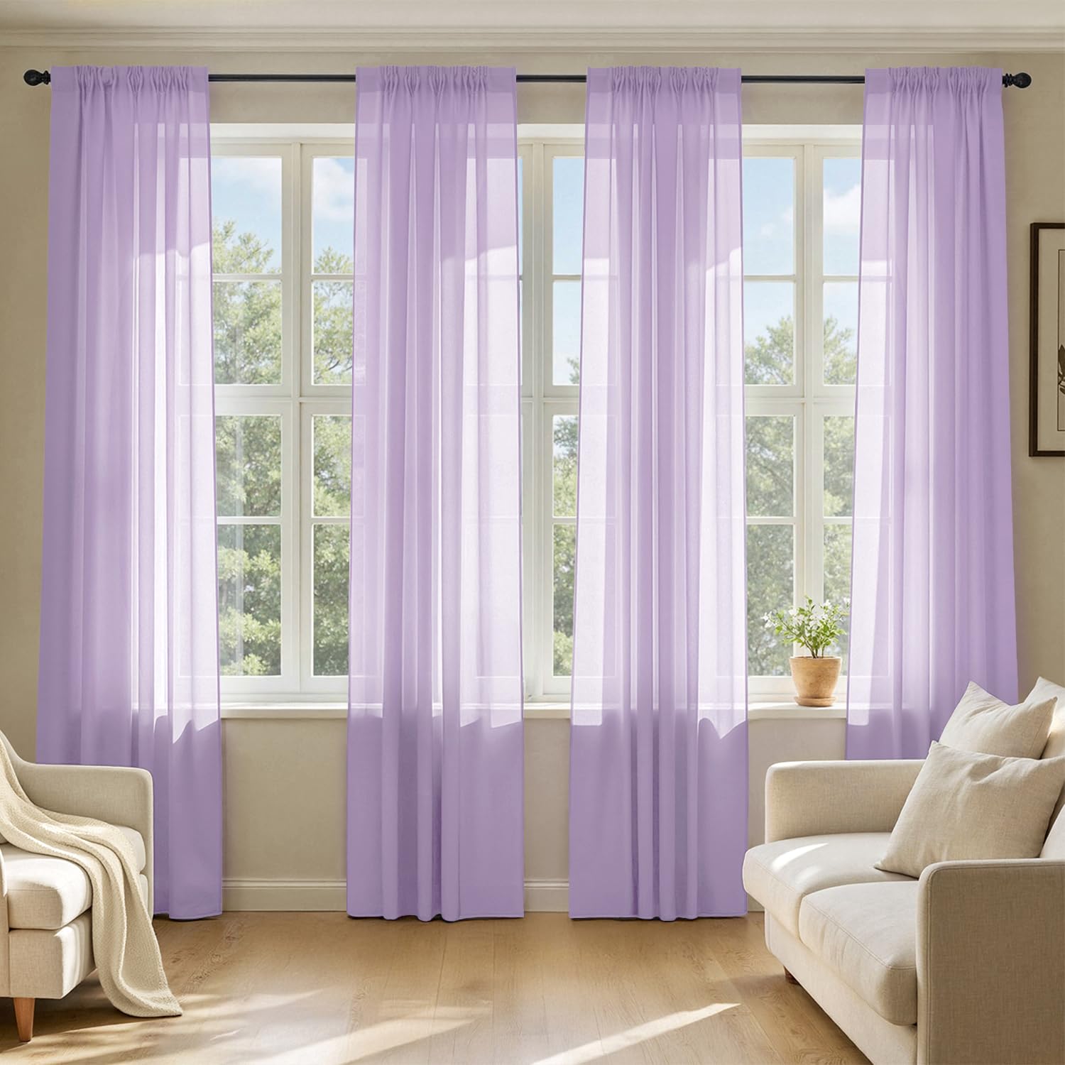 MIULEE Butter Cream Sheer Curtains 96 Inches Long, 4 Panels Set, Rod Pocket Voile Drapes Light Filtering and Semi Transparent, Elegant Window Treatments for Bedroom Living Room,42 x 96 Inches