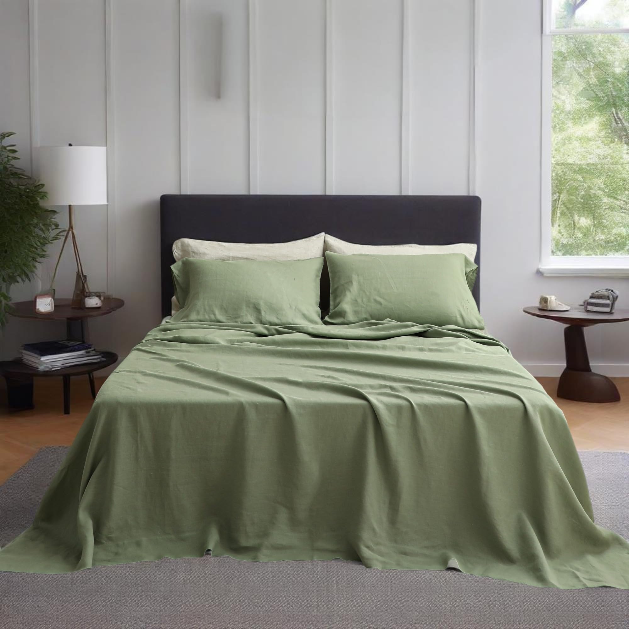 Simple&Opulence 100% Linen Sheets Queen Size Set, 4 Pcs Natural French Linen Bed Sheets, Breathable Soft Durable Bedding Set for All Season (Classic Blue, Queen)