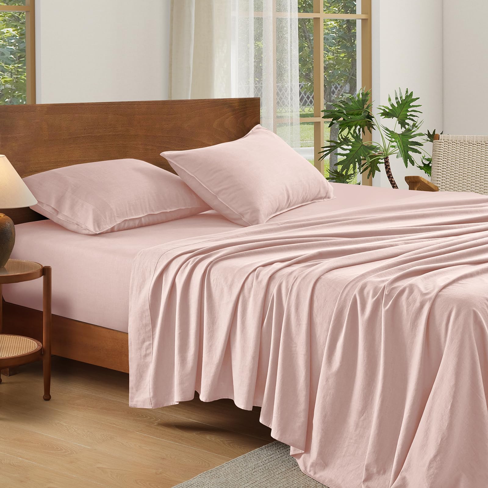 Queen French Linen 4-Piece Sheet Set, Breathable Deep Pocket Bedding