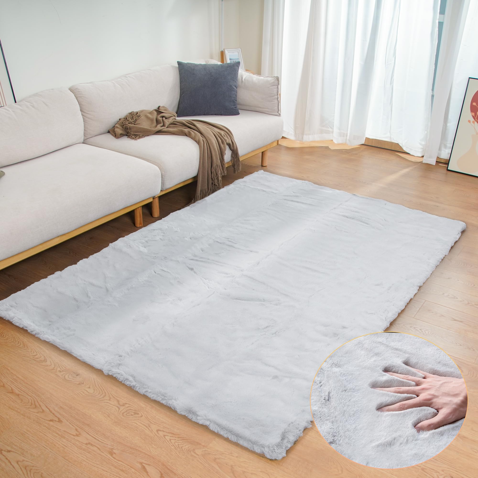 ORINOVA White Faux Rabbit Fluffy Fur Rugs for Bedroom Machine Washable Furry Area Rugs for Living Room Smal 2x4 Shag Runner Rug Nursery Rug