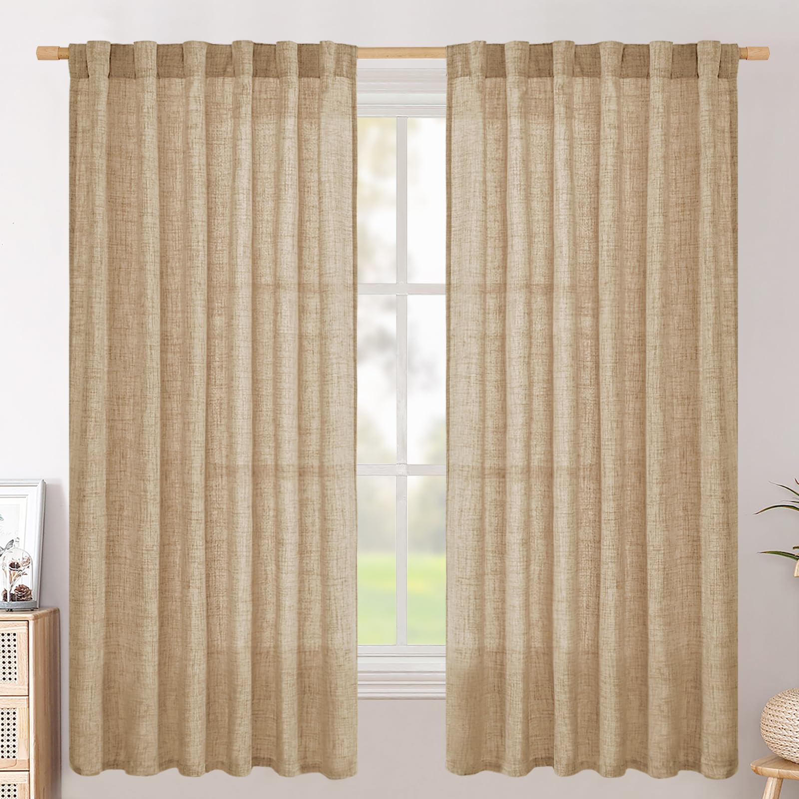 BGment Natural Linen Semi Sheer Curtains 96 Inch Length 2 Panels for Living Room, Beige Light Filtering Window Drapes with Rod Pocket Back Tab Extre Long for Dining Bedroom, 52 X 96 Inch