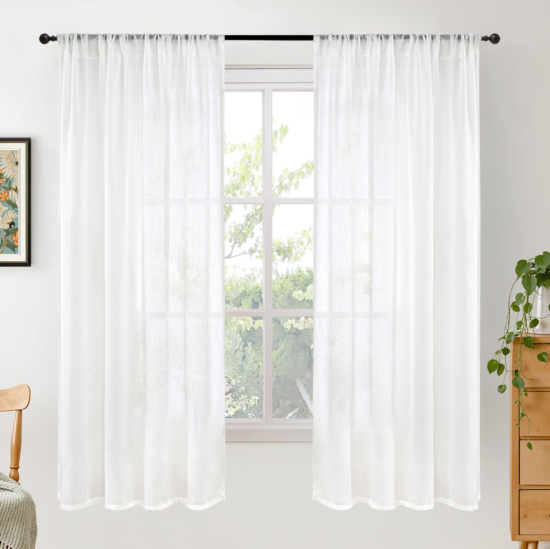 BGment 90 Inches Long Curtains Linen Semi Sheer, Light Filtering Window Treatments Drapes with Rod Pocket Lightweight for Living Room Bedroom, 2 Panels, 52 Inch Wide Each Panel