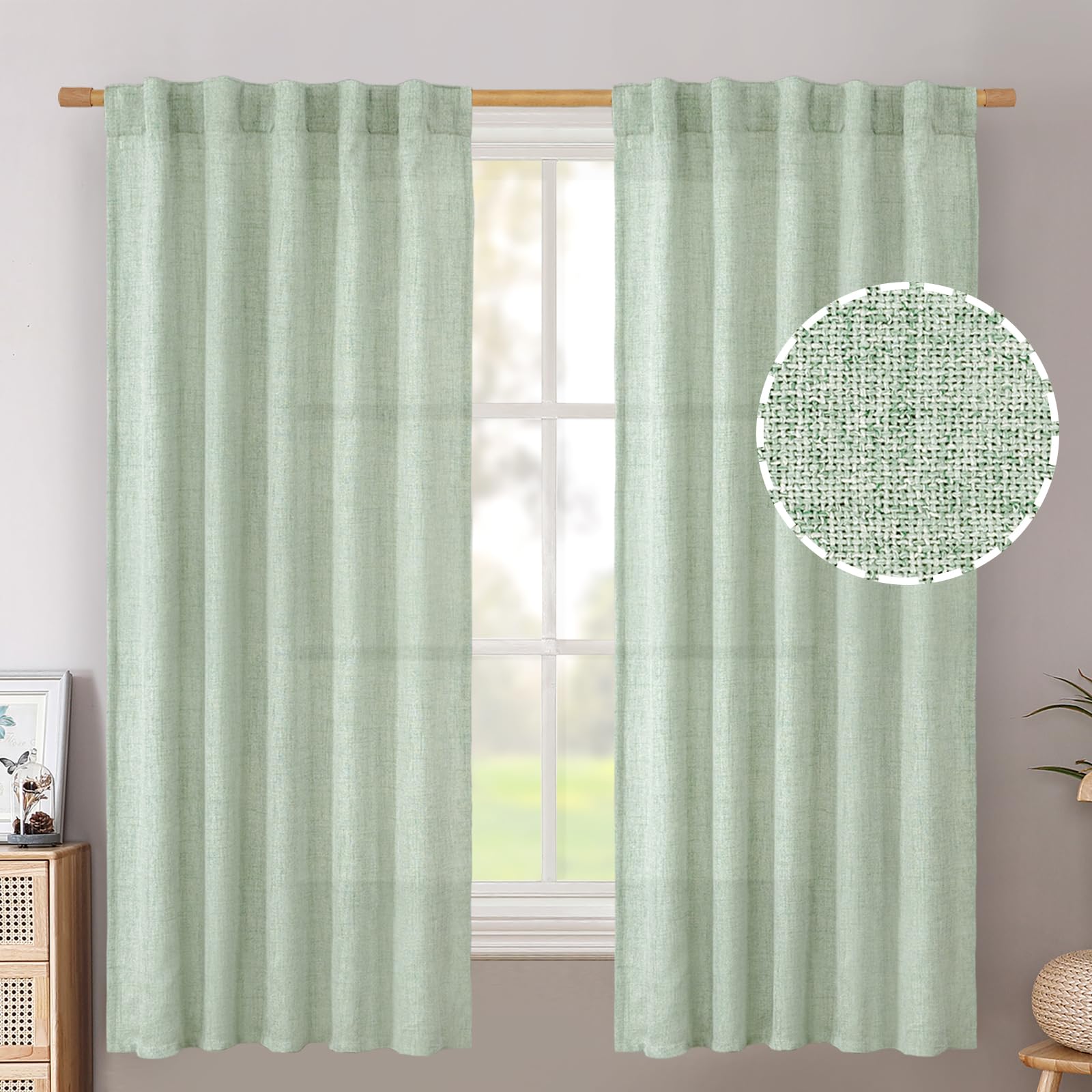 BGment Natural Linen Semi Sheer Curtains 96 Inch Length 2 Panels for Living Room, Beige Light Filtering Window Drapes with Rod Pocket Back Tab Extre Long for Dining Bedroom, 52 X 96 Inch