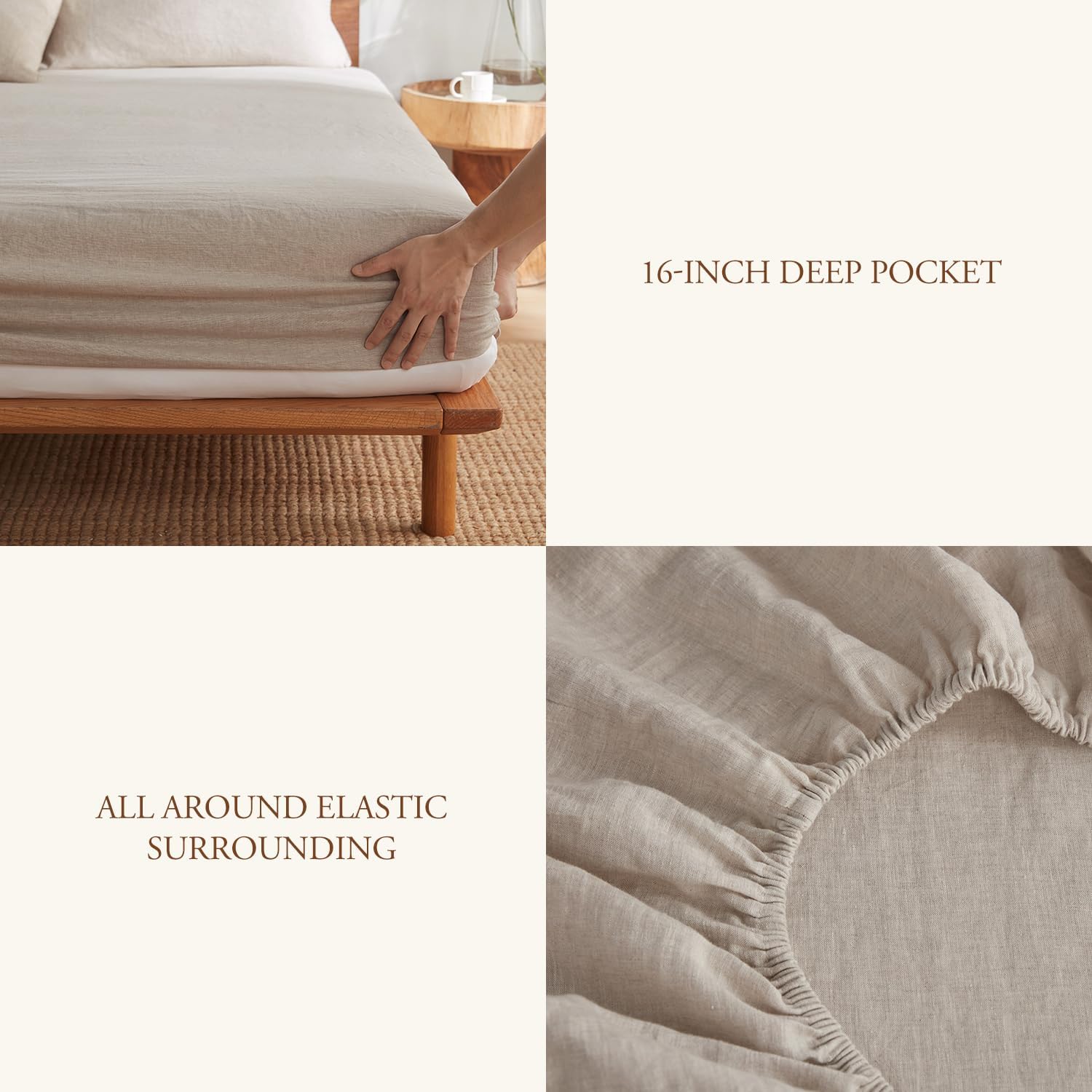DAPU Pure Linen Sheets Set, 100% French Linen from Normandy, Breathable and Durable for Hot Sleepers, 4 Pcs Queen Size Sheets Set - 1 Flat Sheet, 1 Fitted Sheet, 2 Pillowcases (Natural Linen, Queen)