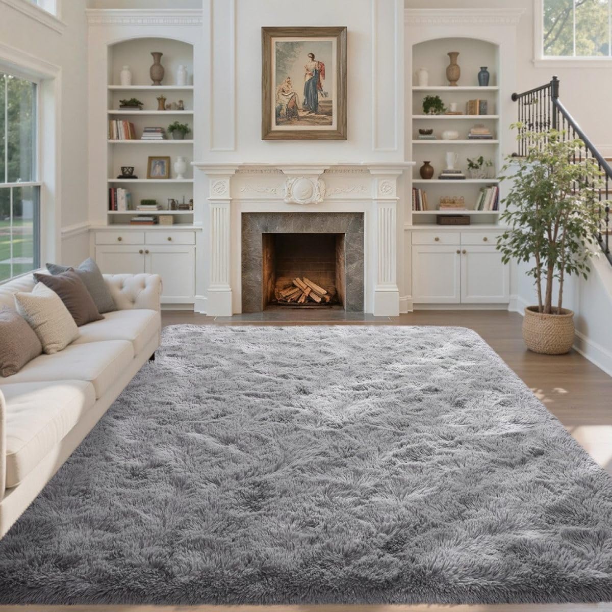 5×7ft Grey Fluffy Tie-Dyed Rug, Soft Shag Carpet for Home Decor