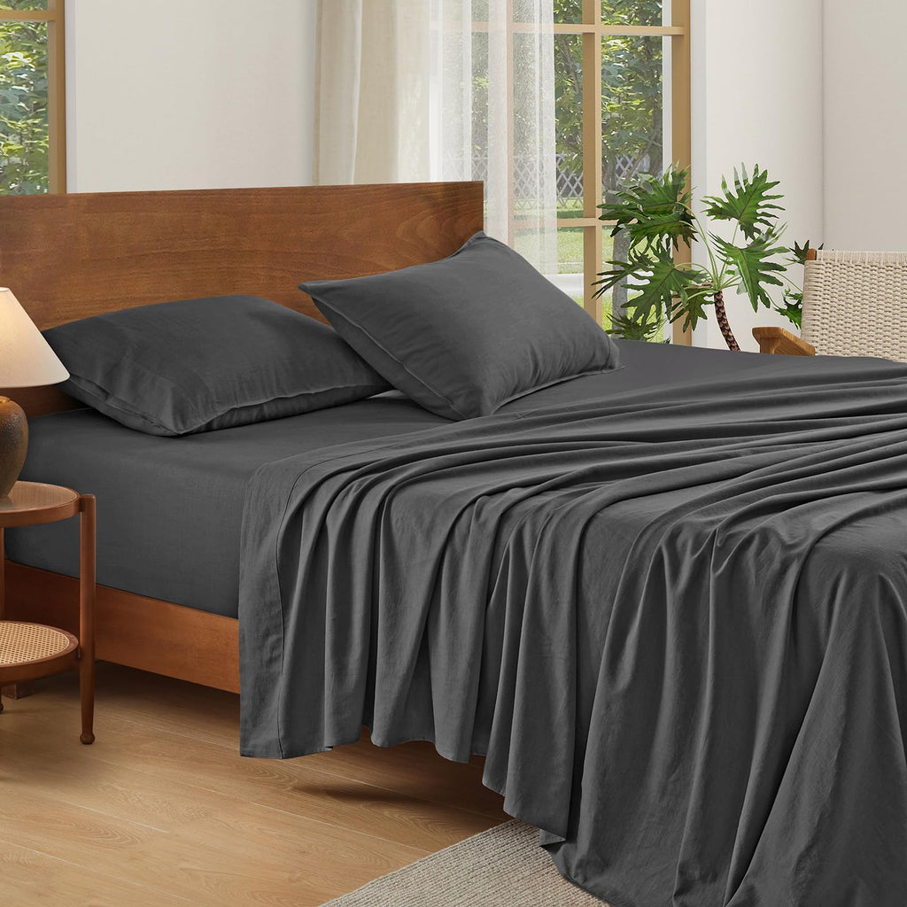 Queen French Linen 4-Piece Sheet Set, Breathable Deep Pocket Bedding