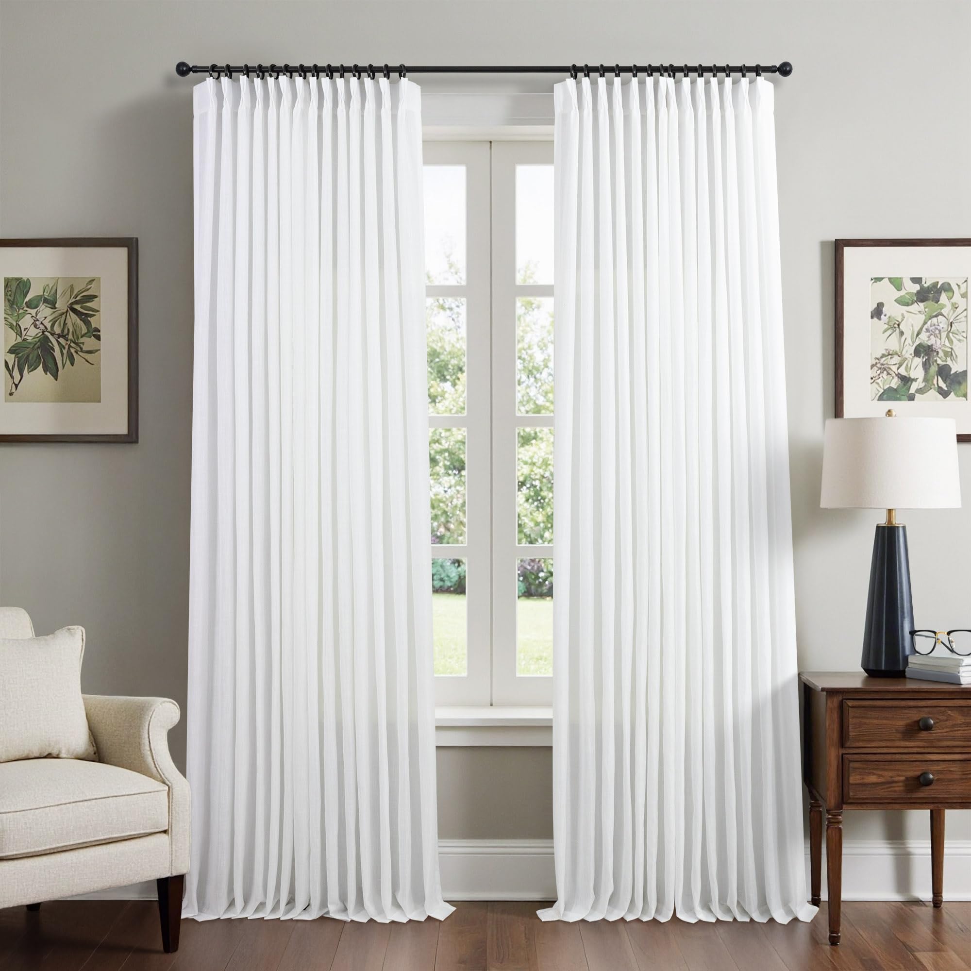 Natural Pinch Pleated Linen Cream Curtains 84 Inch Length 2 Panels for Living Room Bedroom Ivory Semi Sheer Light Filtering Modern Farmhouse Boho Neutral Rustic Long Drapes Back Tab Pleat Hooks Rings