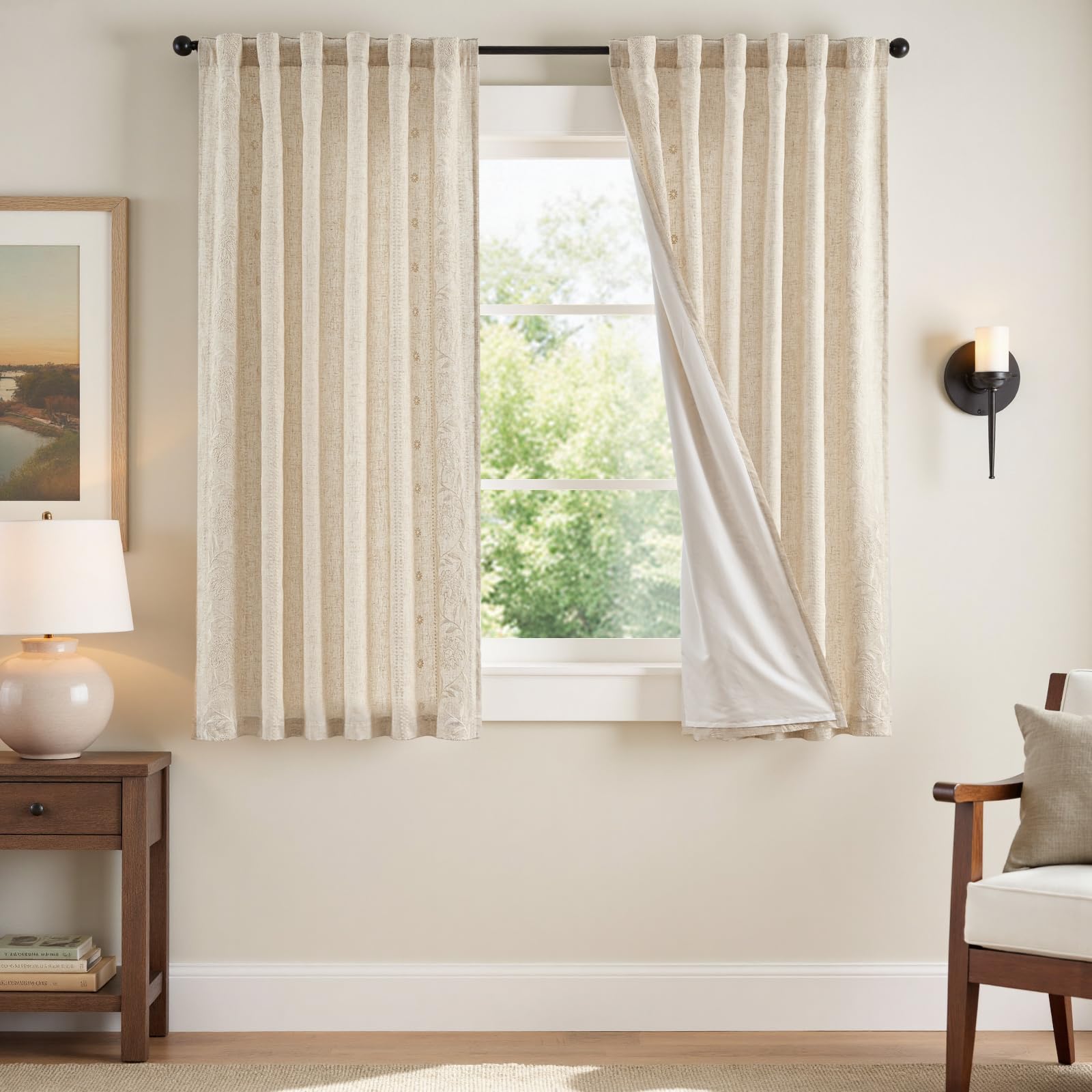 jinchan Winslow Linen Curtains for Bedroom 84 Inches Length Ivory on Taupe Embroidered Bordered Floral Curtains for Living Room Farmhouse Decor Light Filtering Window Treatments 2 Panels
