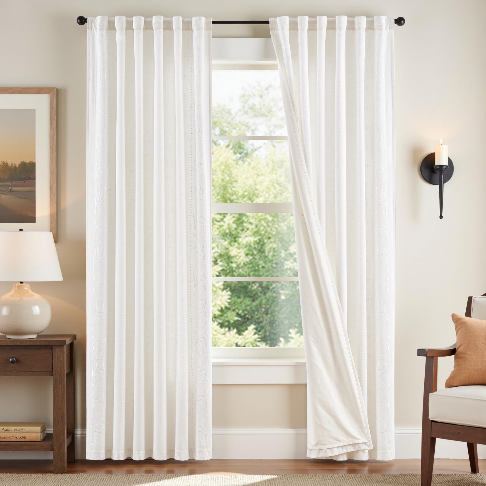jinchan Winslow Linen Curtains for Bedroom 84 Inches Length Ivory on Taupe Embroidered Bordered Floral Curtains for Living Room Farmhouse Decor Light Filtering Window Treatments 2 Panels