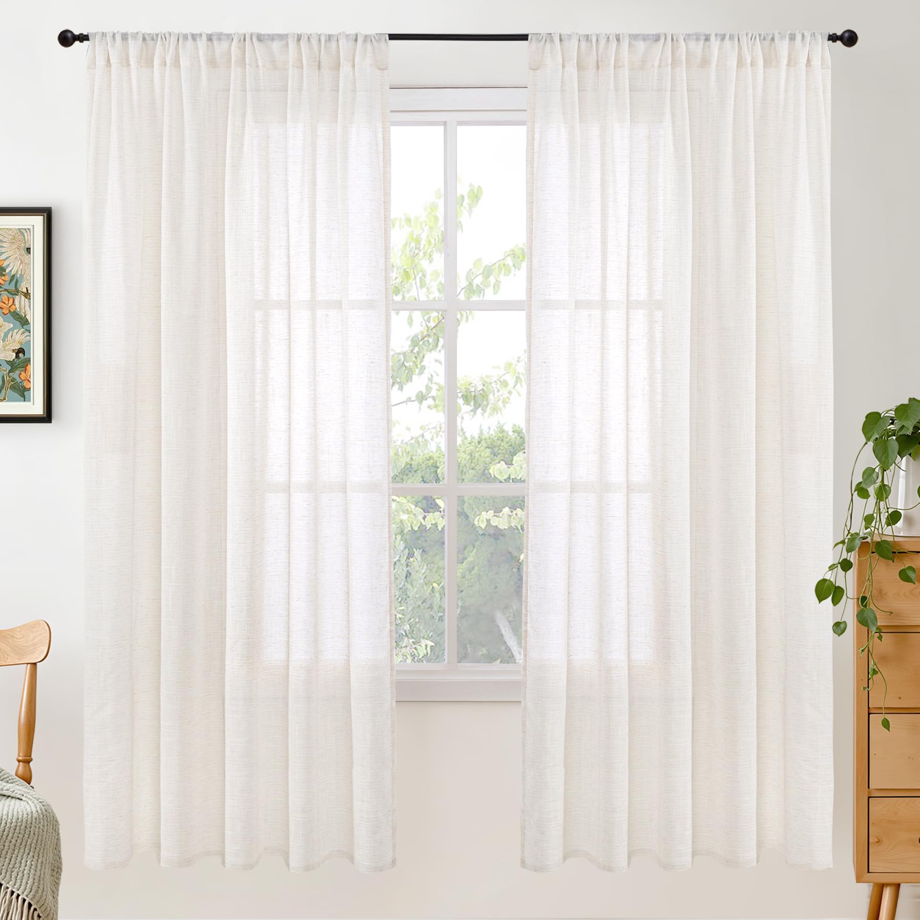 BGment 90 Inches Long Curtains Linen Semi Sheer, Light Filtering Window Treatments Drapes with Rod Pocket Lightweight for Living Room Bedroom, 2 Panels, 52 Inch Wide Each Panel