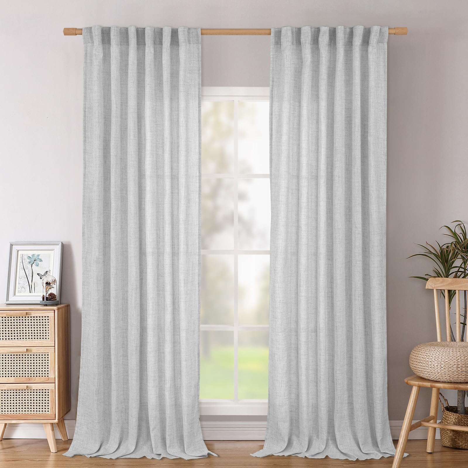 BGment Natural Linen Semi Sheer Curtains 96 Inch Length 2 Panels for Living Room, Beige Light Filtering Window Drapes with Rod Pocket Back Tab Extre Long for Dining Bedroom, 52 X 96 Inch