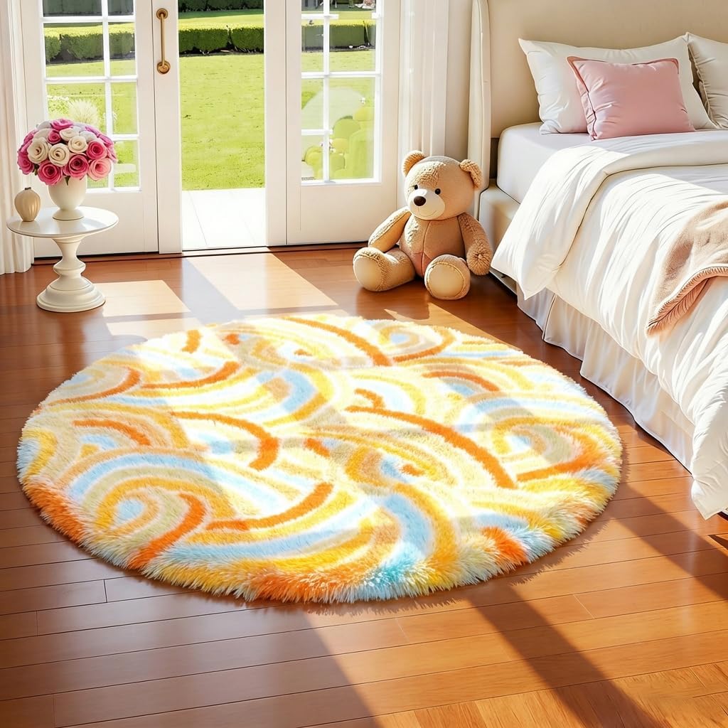 Fluffy Circle Rug for Bedroom Girls,4ft Round Area Rug for Girls Room Decor Aesthetic,Soft Plush Shaggy Fuzzy Carpet for Kids Room, Nursery, Preppy Dorm,Playroom Home Decor