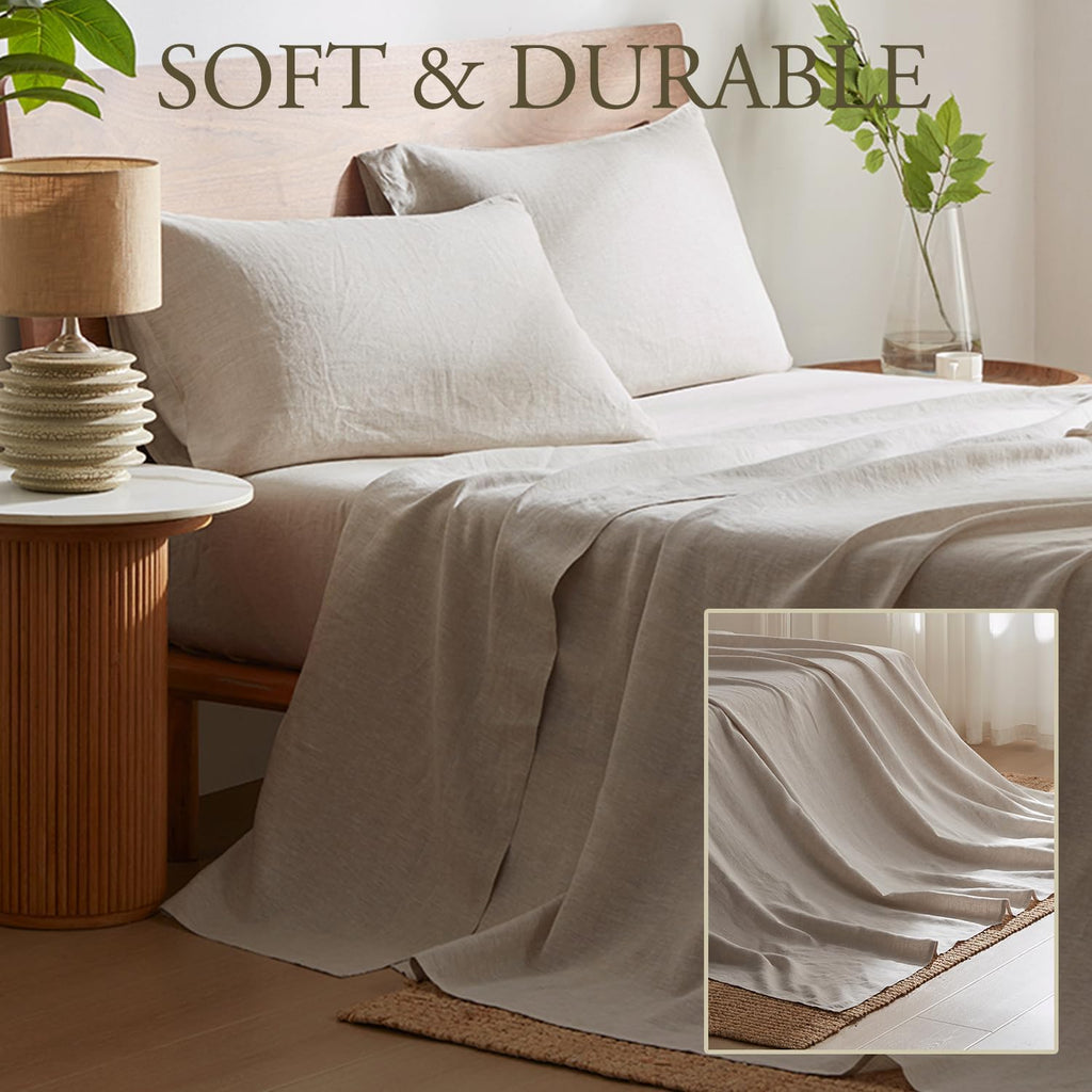 DAPU Pure Linen Sheets Set, 100% French Linen from Normandy, Breathable and Durable for Hot Sleepers, 4 Pcs Queen Size Sheets Set - 1 Flat Sheet, 1 Fitted Sheet, 2 Pillowcases (Natural Linen, Queen)