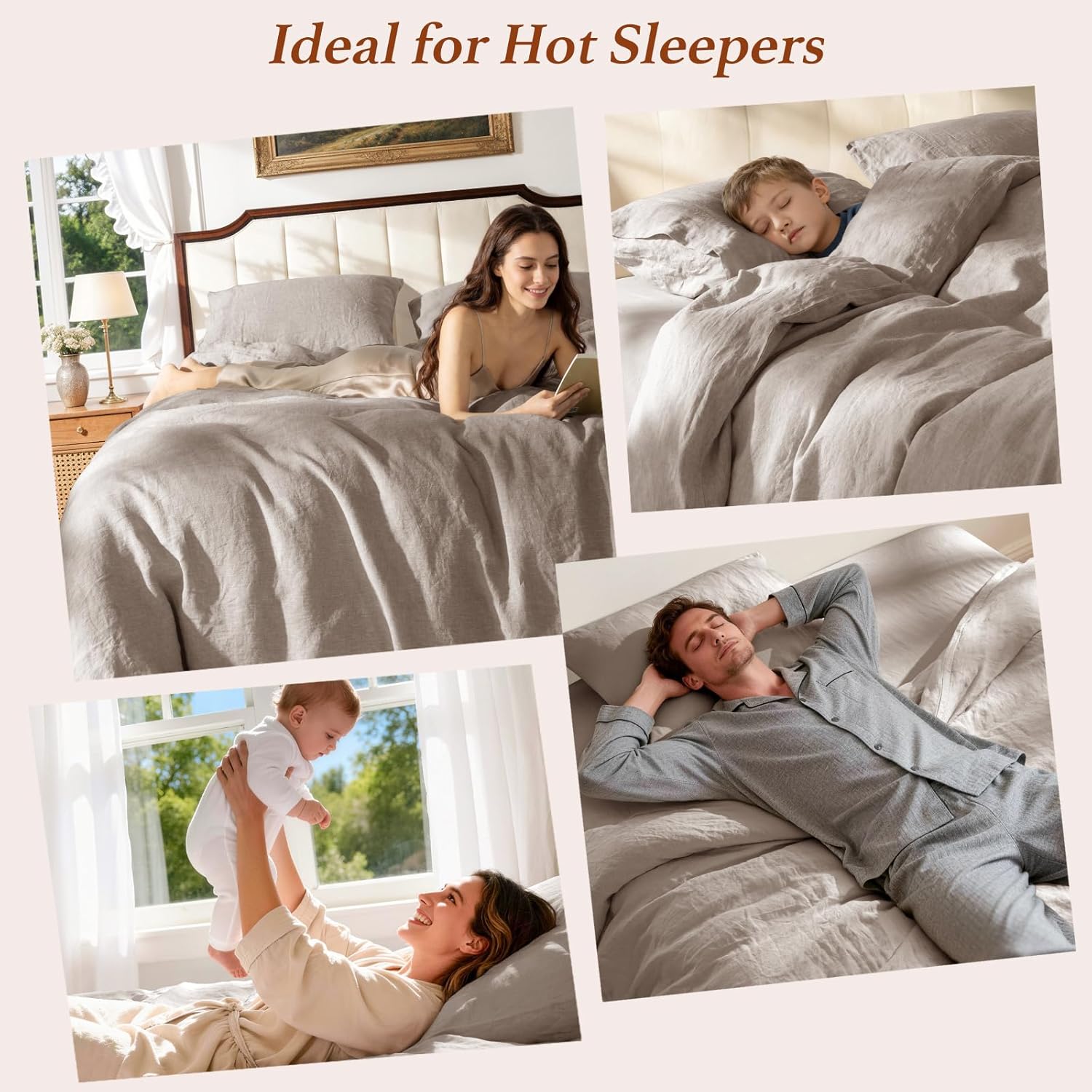 100% Pure Linen Duvet Cover Set Queen Size 3 Pcs Natural Linen Bedding Zipper Closure Breathable Soft Comforter Cover Sets, Cozy for All Season (Queen, Linen)