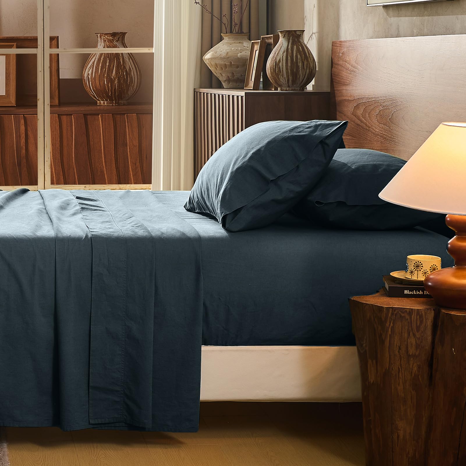 King 100% Linen 4-Piece Sheet Set, Breathable All-Season Bedding
