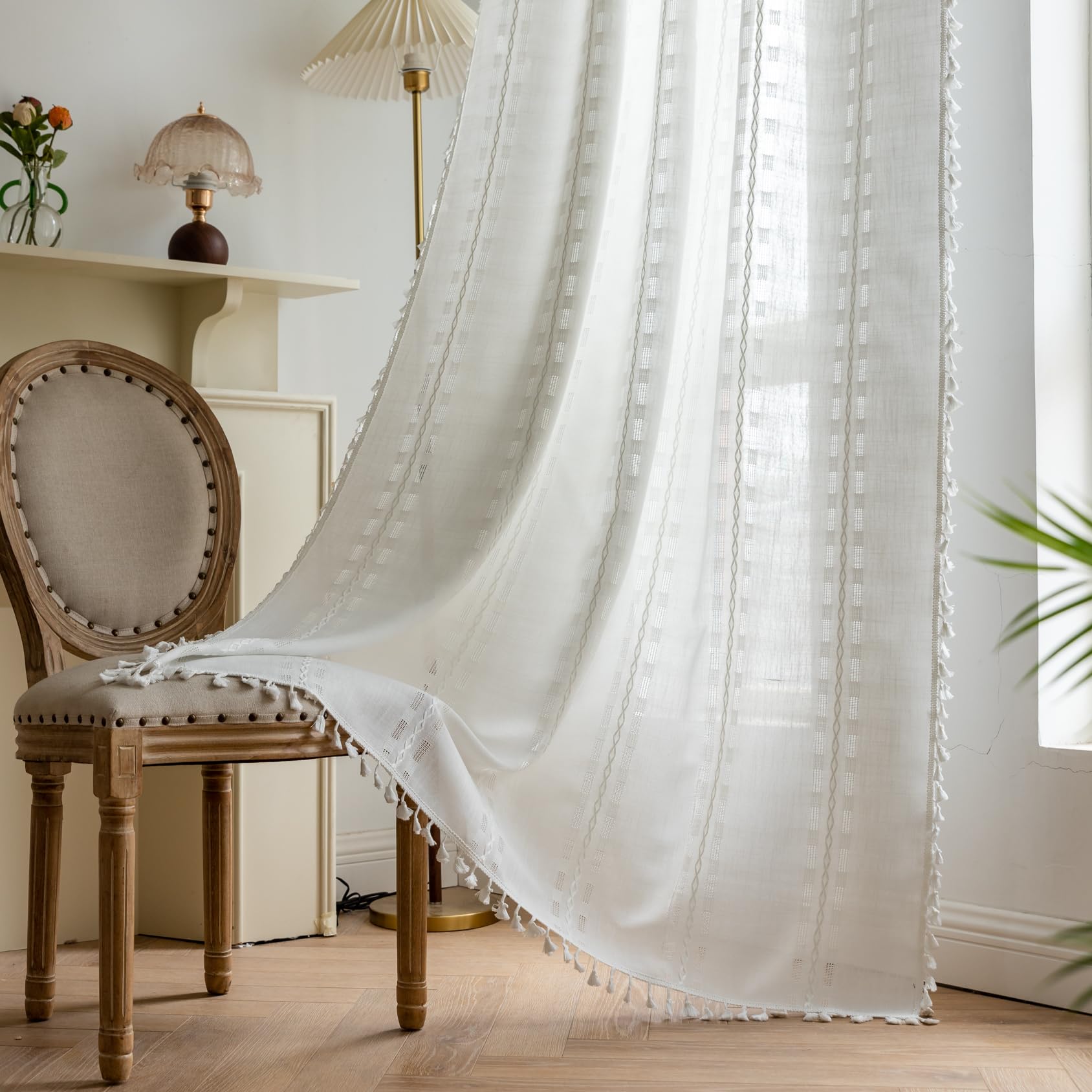 Dark Grey Boho Curtains for Living Room 84 inch Long 2 Panels, Chic Embroidered Semi Sheer Linen Farmhouse Light Filtering Drapes For Bedroom Privacy Striped Tassel Bohemian Window Decor,W52xL84