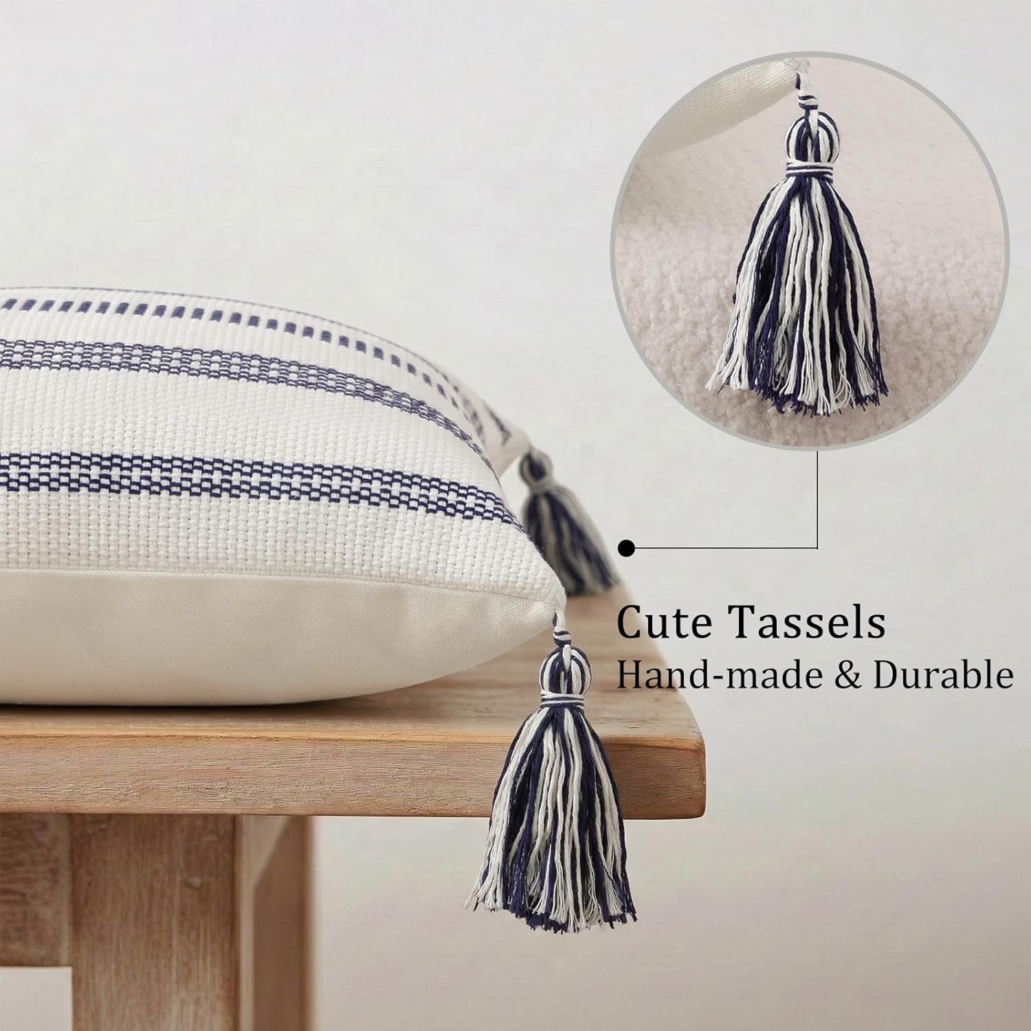 Smile Bee Boho Outdoor Couch Throw Pillow Covers Set of 2 Decorative Thick Woven Striped Accent Neutral Pillow Covers with Tassels for Bed Sofa Home Decor 20x20 Inch, Navy Blue and Cream White