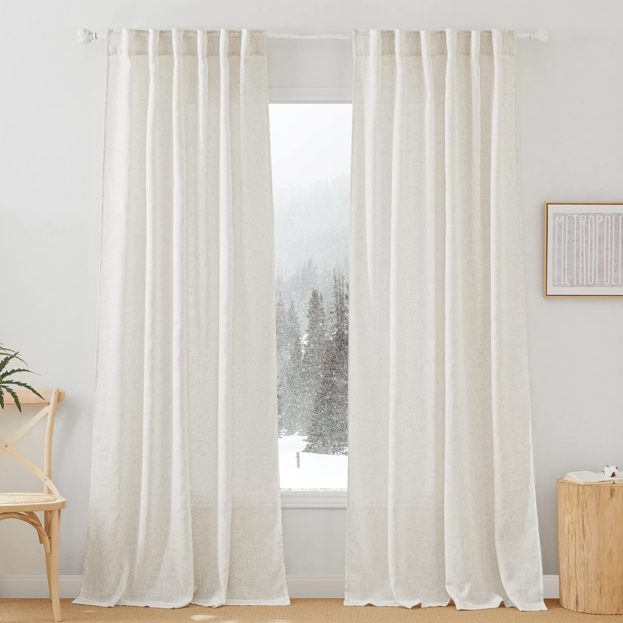 RYB HOME Linen Sheer Curtains and Drapes for Living Room 108 inches Length, Breathable Back Tab/Rod Pocket Semi Sheer Curtains, Oatmeal, W 52 x L 108 inches, 2 Panels Set