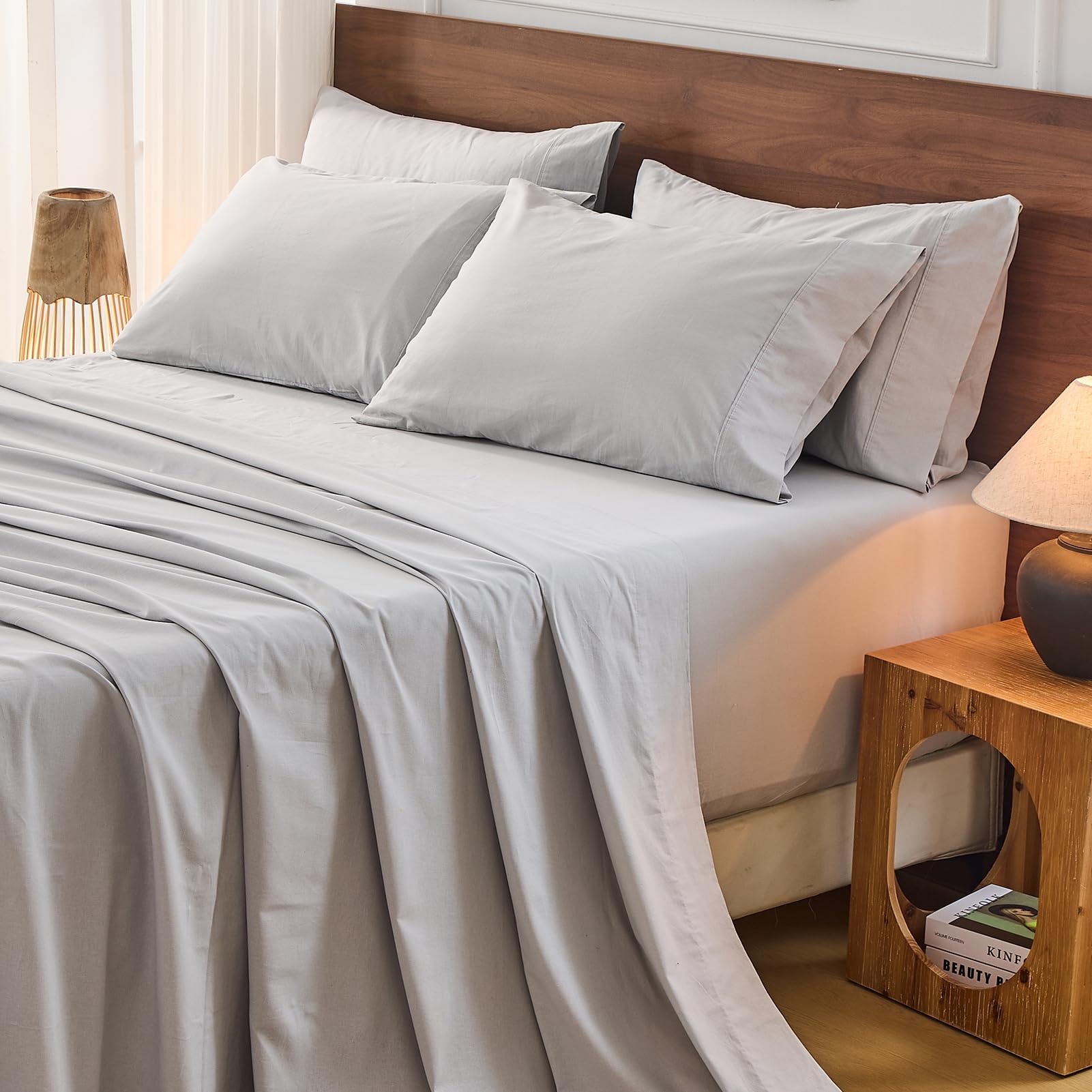 Bedlifes 100% French Pure Linen Sheets Queen Size Breathable and Cooling Flax Sheet Set Soft Durable and Moisture Wicking 16 Inch Deep Pocket-4 Piece(Queen,Linen)