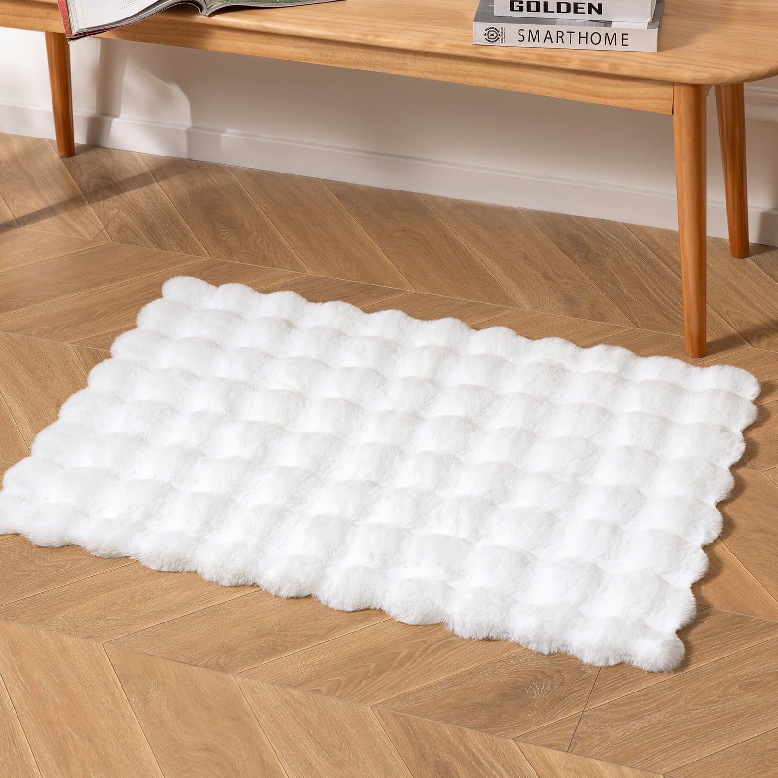 Ashler Faux Rabbit Fur Rug, Light Grey 3x5 FT Fluffy Soft Area Rugs, Rectangle Fuzzy Carpet for Living Room, Bedroom, Machine Washable Rug - 3D Bubble Mat