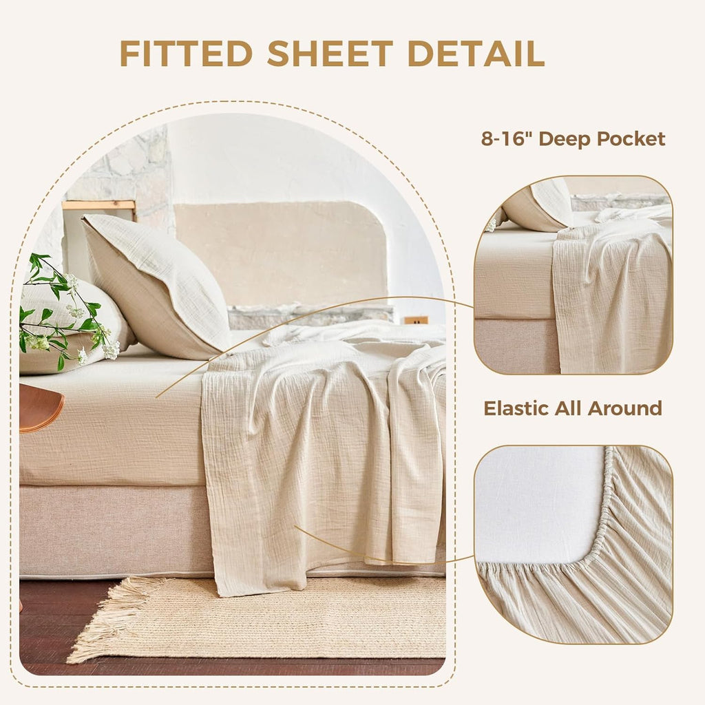 LUTBM King Sheet Set 100% Cotton Bed Sheets Gauze 4 Pcs Muslin Linen Sheets Set 16" Deep Pocket Sheet & Pillowcase Sets Breathable Boho King Soft Bedding Sets for All Season