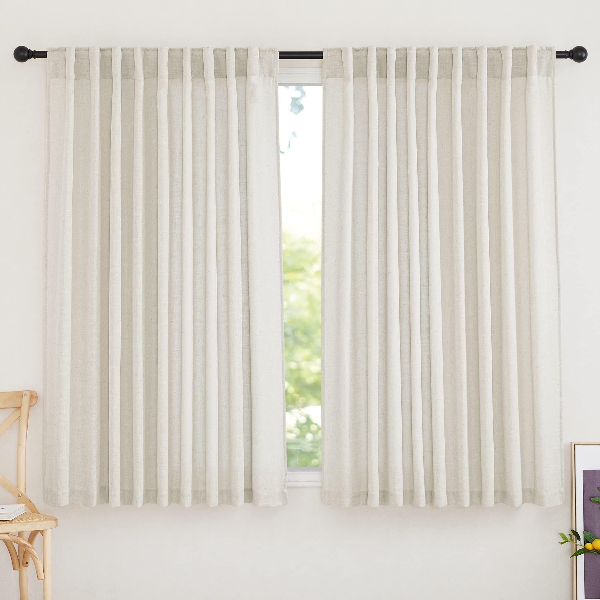 RYB HOME Linen Sheer Curtains and Drapes for Living Room 108 inches Length, Breathable Back Tab/Rod Pocket Semi Sheer Curtains, Oatmeal, W 52 x L 108 inches, 2 Panels Set
