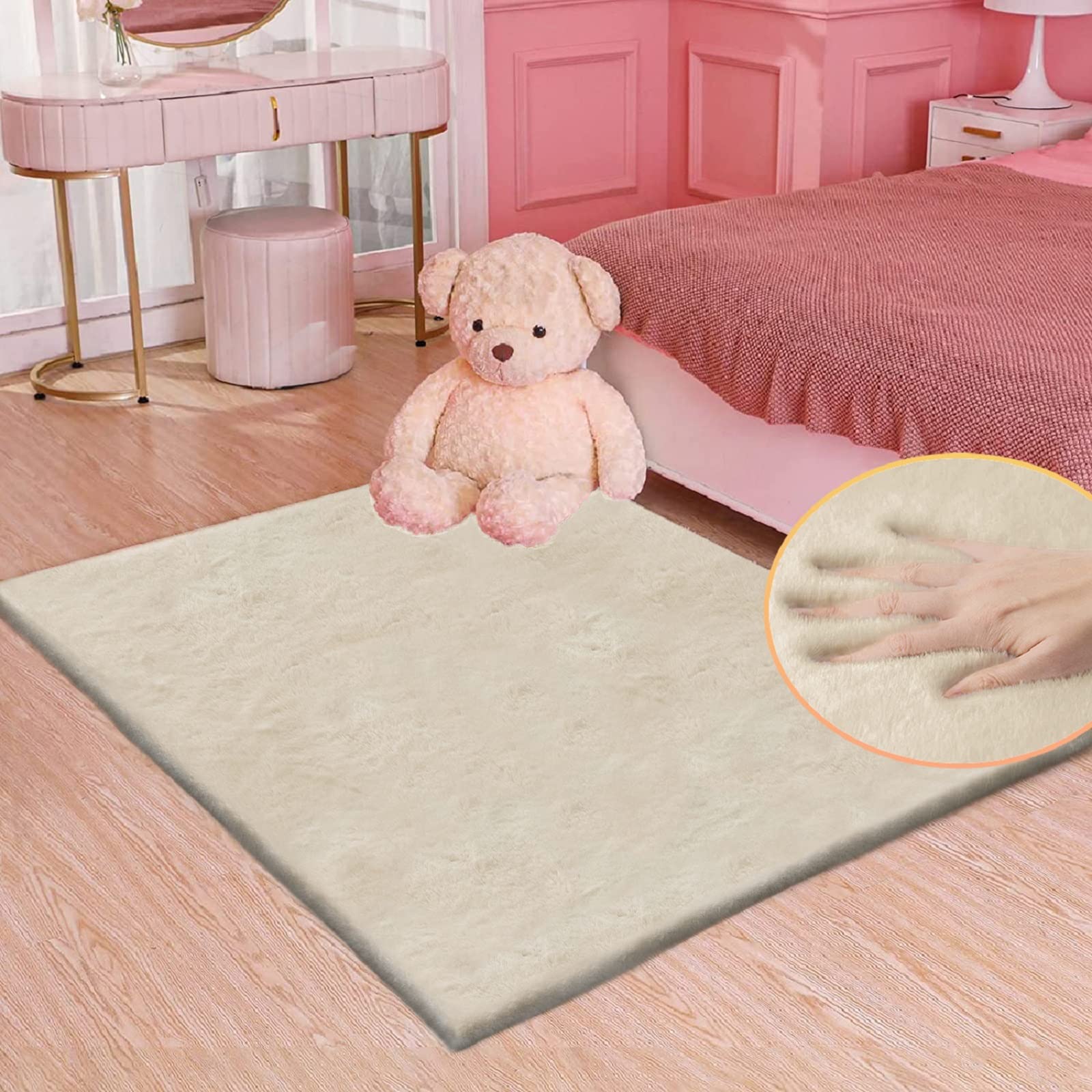 ORINOVA White Faux Rabbit Fluffy Fur Rugs for Bedroom Machine Washable Furry Area Rugs for Living Room Smal 2x4 Shag Runner Rug Nursery Rug