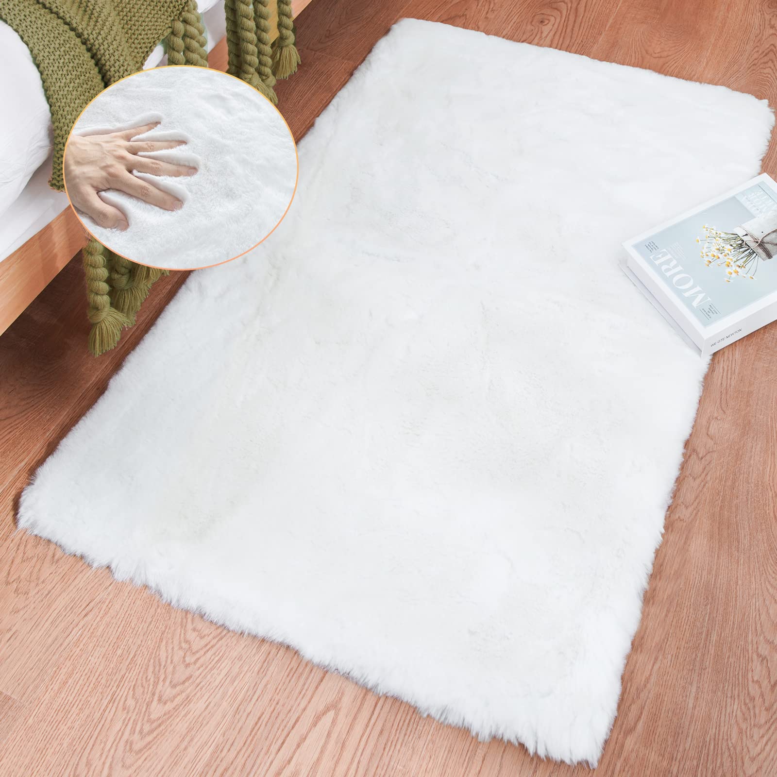 ORINOVA White Faux Rabbit Fluffy Fur Rugs for Bedroom Machine Washable Furry Area Rugs for Living Room Smal 2x4 Shag Runner Rug Nursery Rug