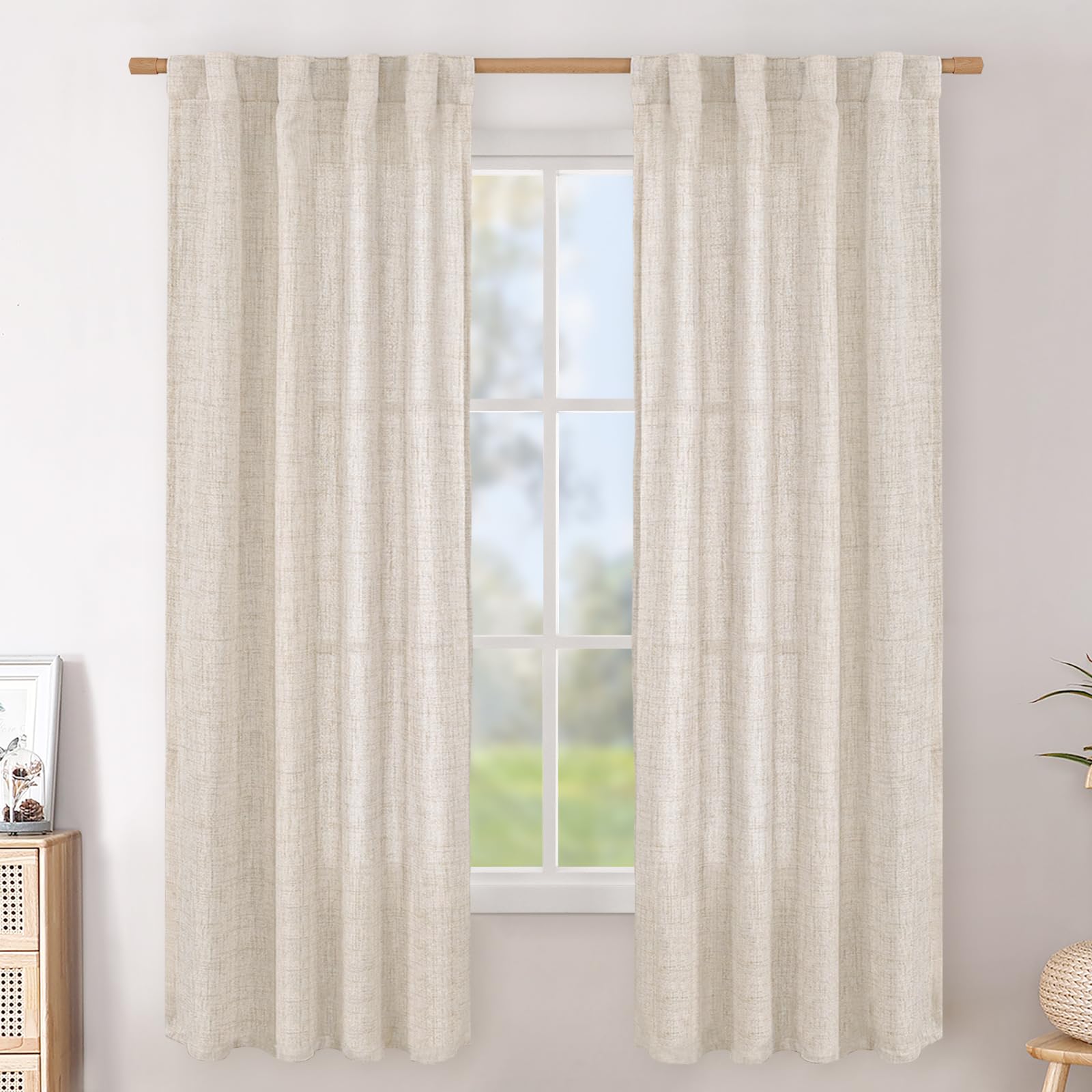BGment Natural Linen Semi Sheer Curtains 96 Inch Length 2 Panels for Living Room, Beige Light Filtering Window Drapes with Rod Pocket Back Tab Extre Long for Dining Bedroom, 52 X 96 Inch