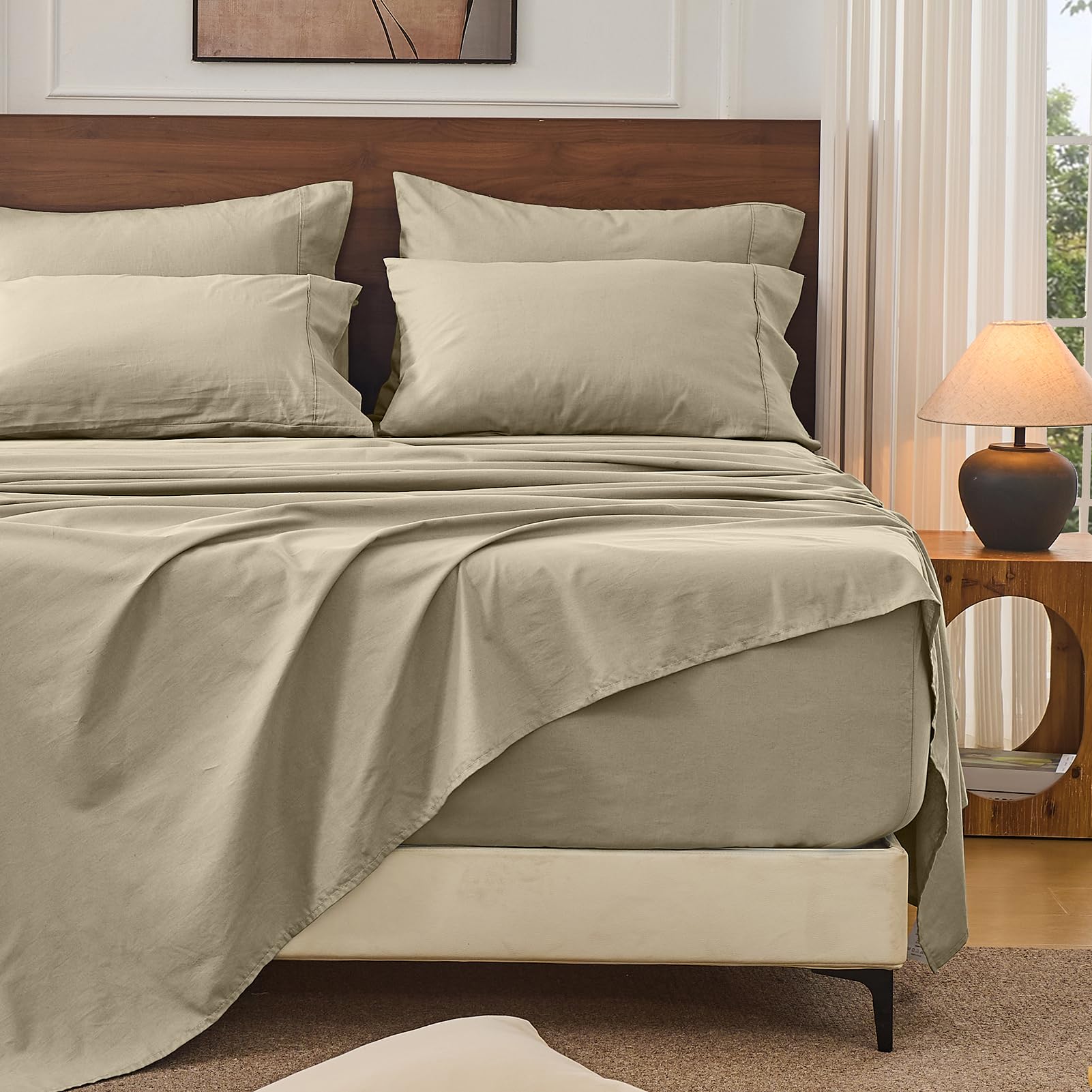 Bedlifes 100% French Linen Sheets Queen Size 18-24”Extra Deep Pocket 4-Piece Set Breathable & Moisture-Wicking,Soft & Durable Sheets for Thick Mattresses(Linen)