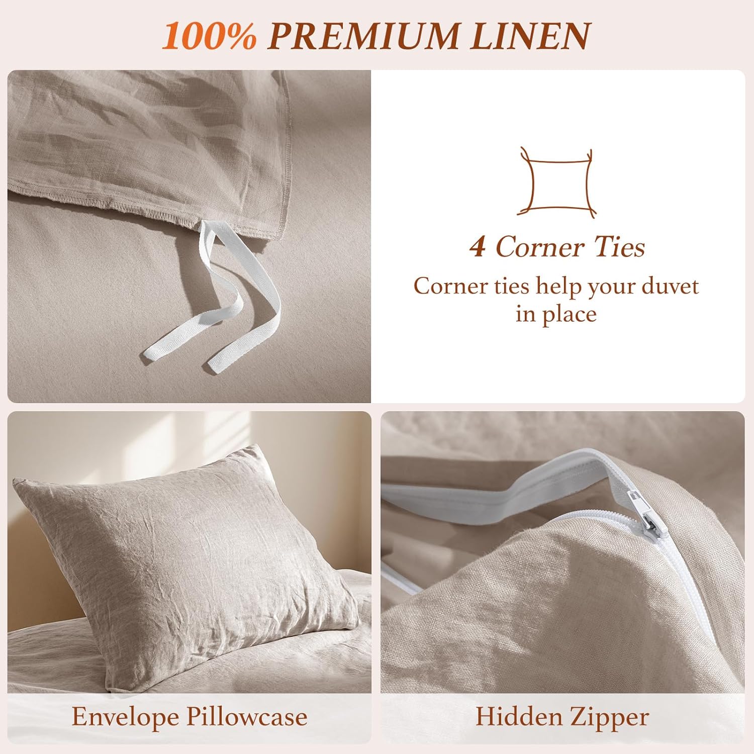100% Pure Linen Duvet Cover Set Queen Size 3 Pcs Natural Linen Bedding Zipper Closure Breathable Soft Comforter Cover Sets, Cozy for All Season (Queen, Linen)