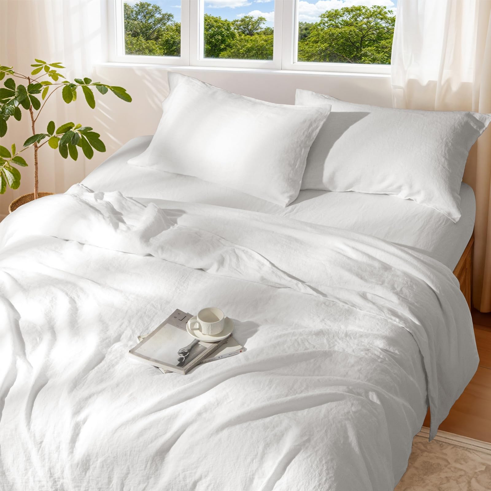 100% Pure Linen Duvet Cover Set Queen Size 3 Pcs Natural Linen Bedding Zipper Closure Breathable Soft Comforter Cover Sets, Cozy for All Season (Queen, Linen)