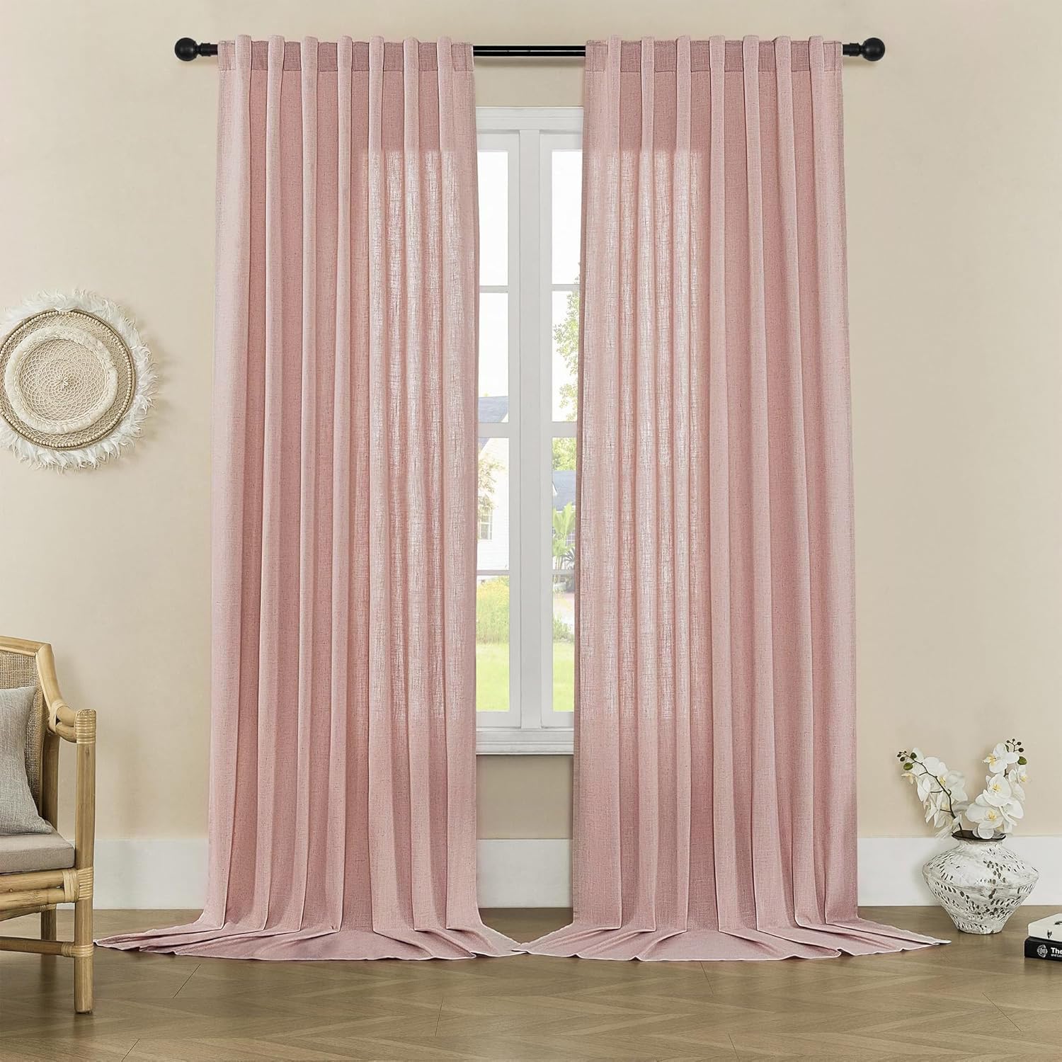 Joydeco Linen Curtains 96 inch Length 2 Panel Set, Light Filtering Curtain for Living Room Bedroom, 52 inch Wide Drapes with Rod Pocket Back Tab (96" Lx52 W, Ivory on Linen)