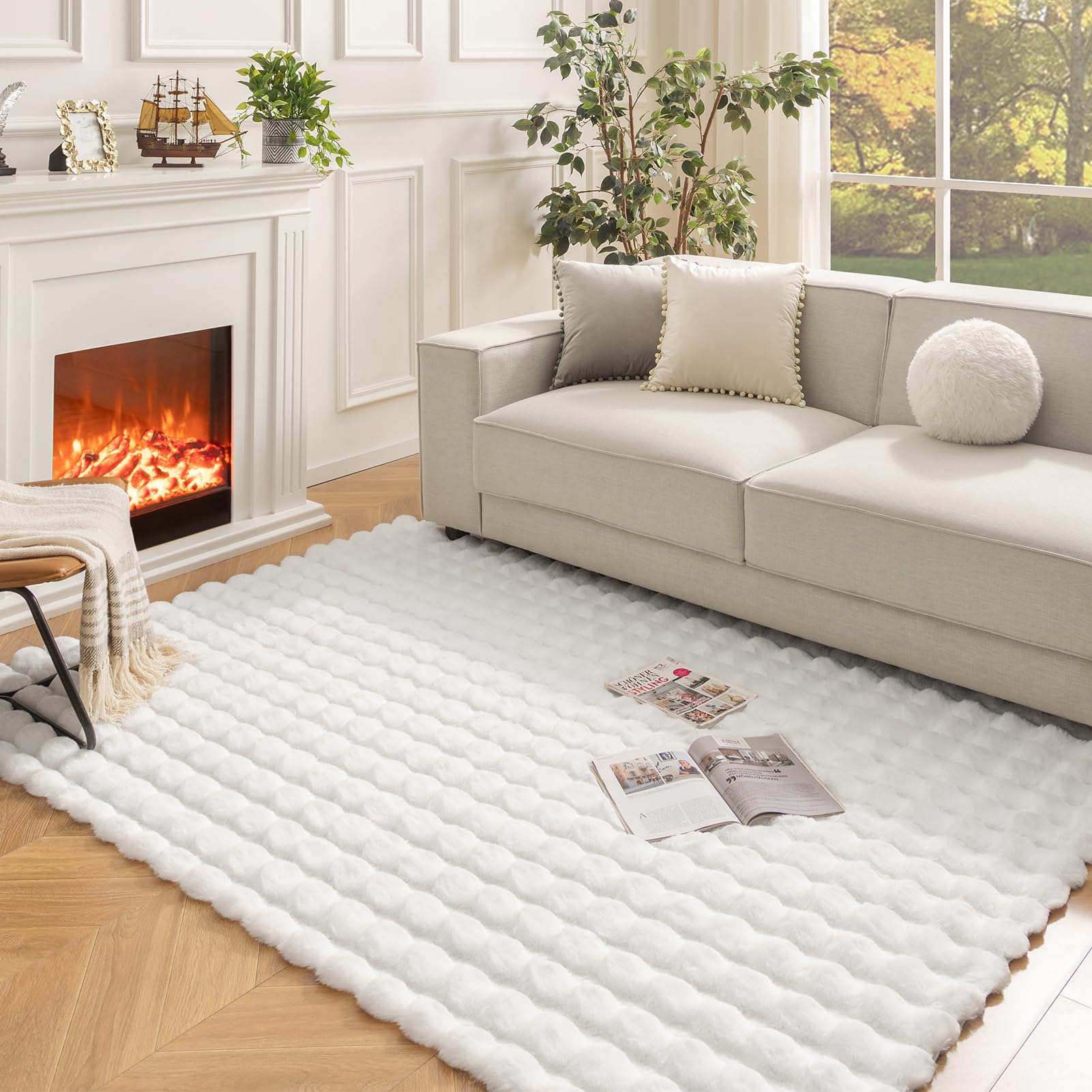 Ashler Faux Rabbit Fur Rug, Light Grey 3x5 FT Fluffy Soft Area Rugs, Rectangle Fuzzy Carpet for Living Room, Bedroom, Machine Washable Rug - 3D Bubble Mat
