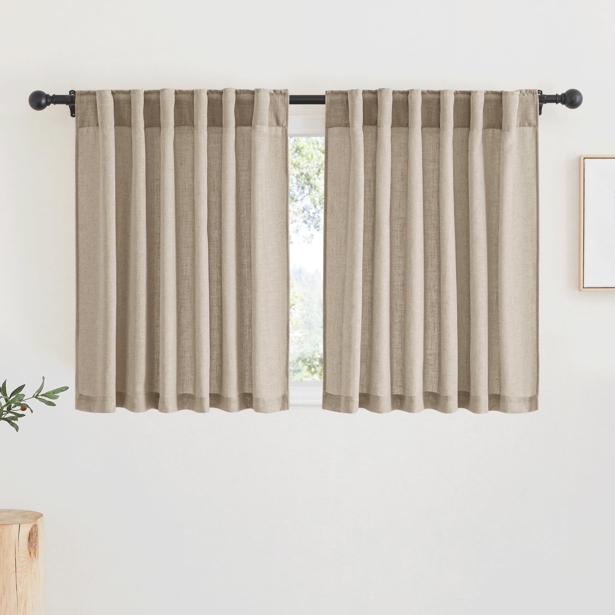 RYB HOME Linen Sheer Curtains and Drapes for Living Room 108 inches Length, Breathable Back Tab/Rod Pocket Semi Sheer Curtains, Oatmeal, W 52 x L 108 inches, 2 Panels Set